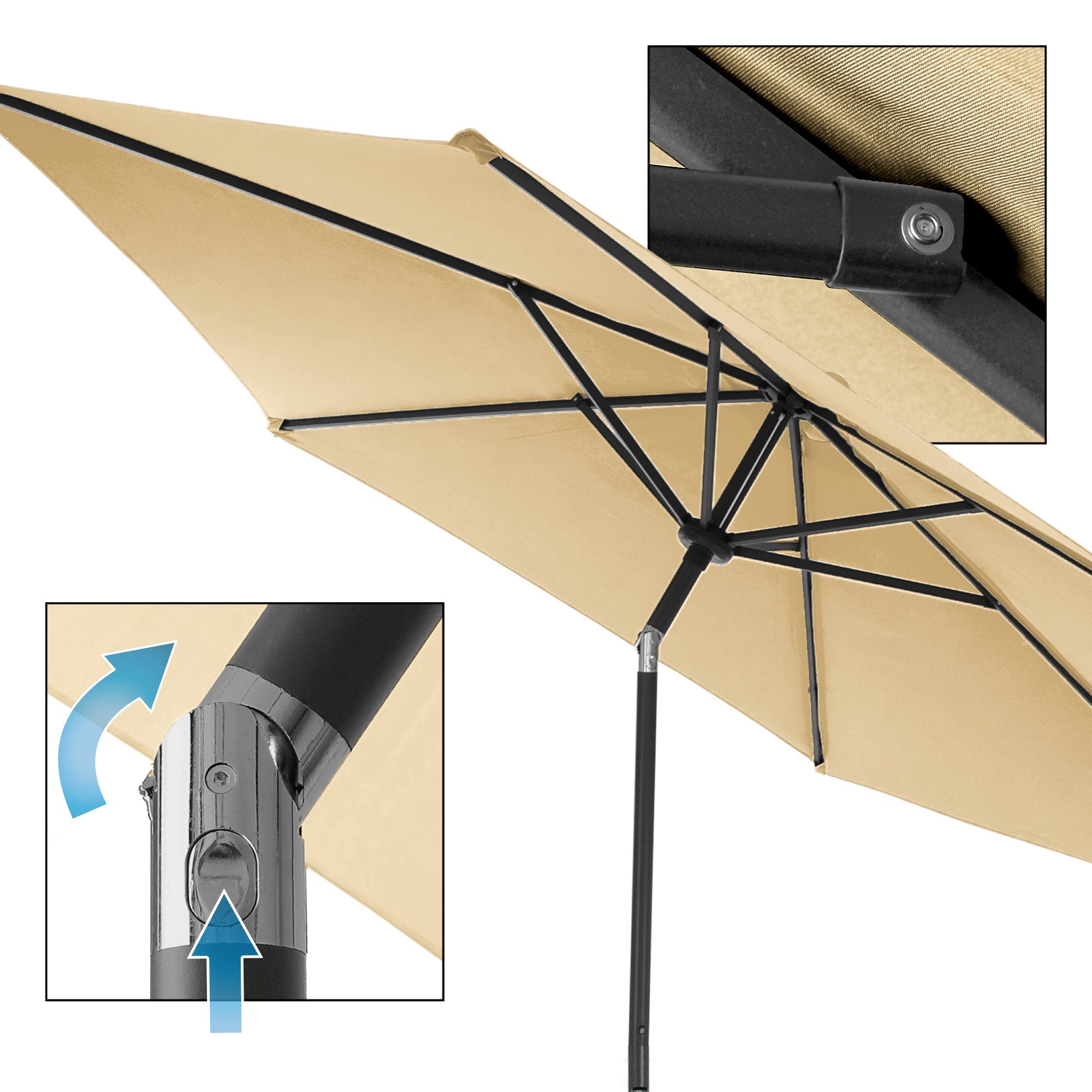 Detailansicht des Sonnenschirms mit Mechanismus zur Neigungsverstellung.