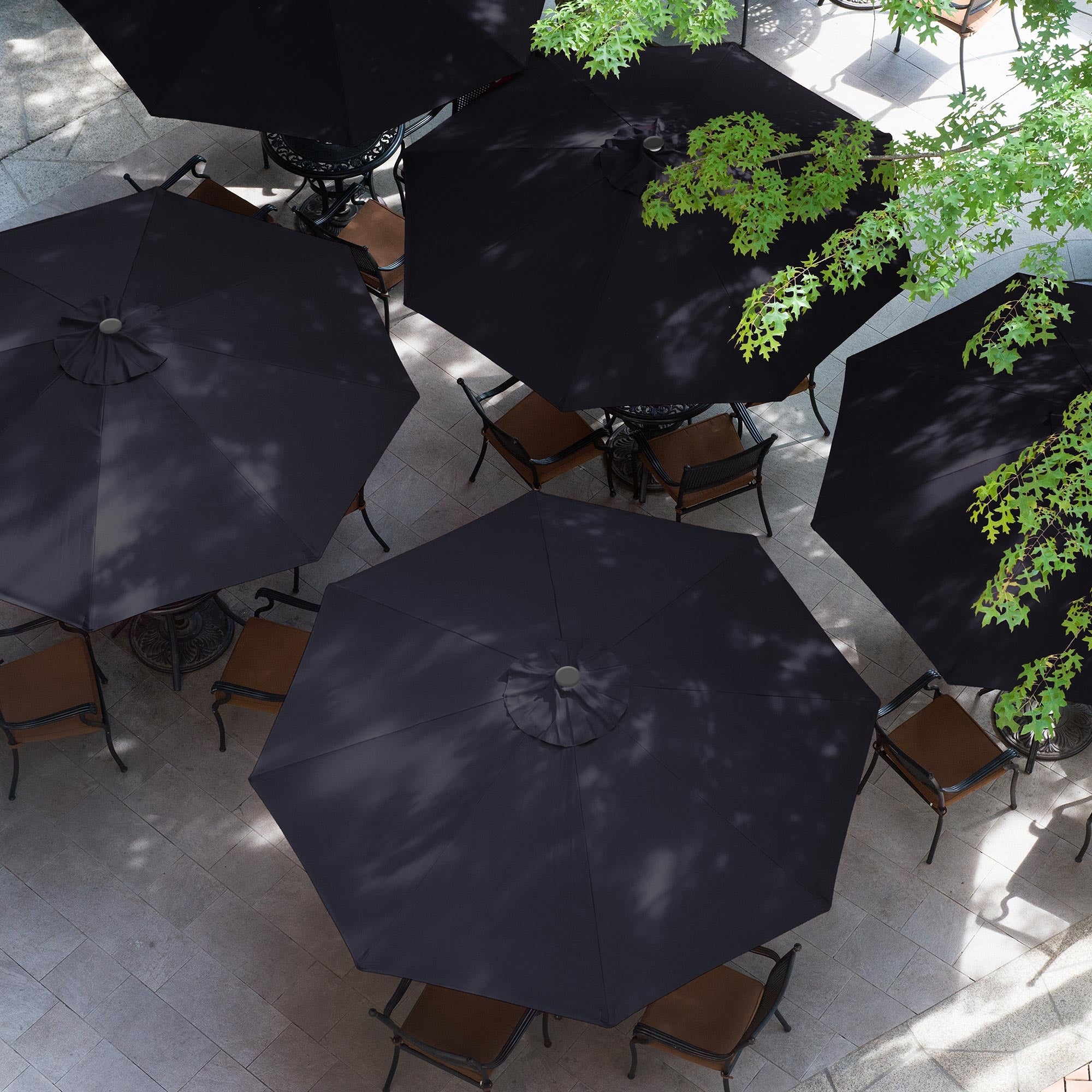 Bird's eye view of several black parasols in a square.