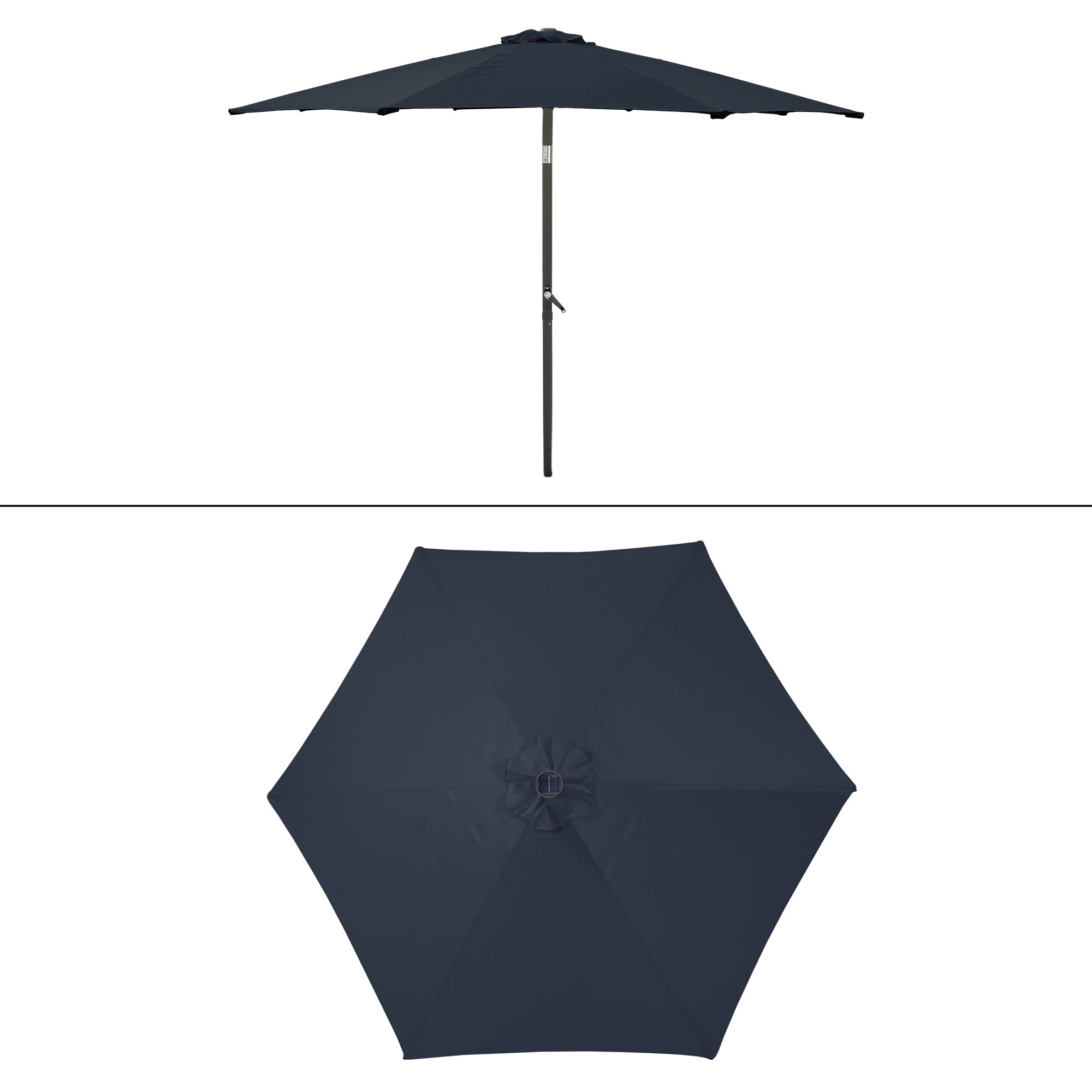 Dark blue parasol from above, closed.