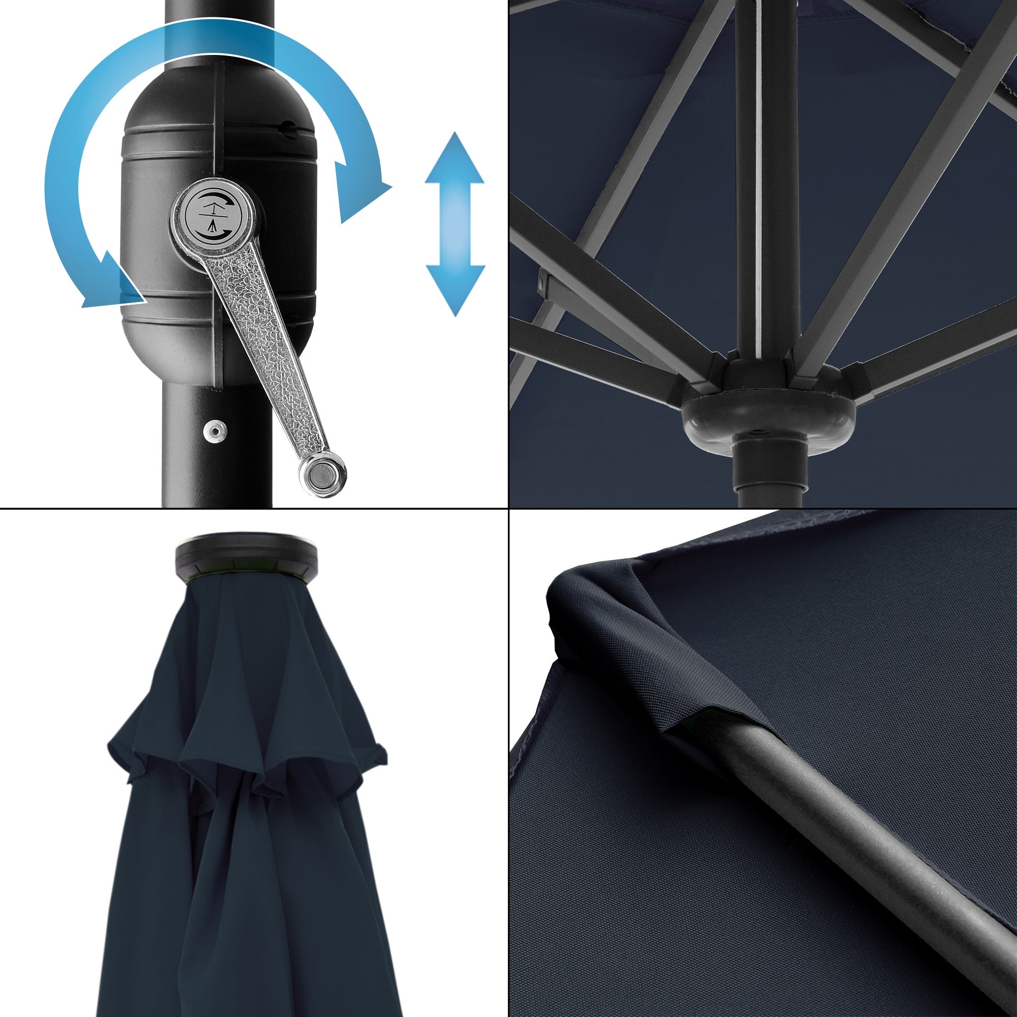 Detail view of a parasol mechanism with crank and frame.