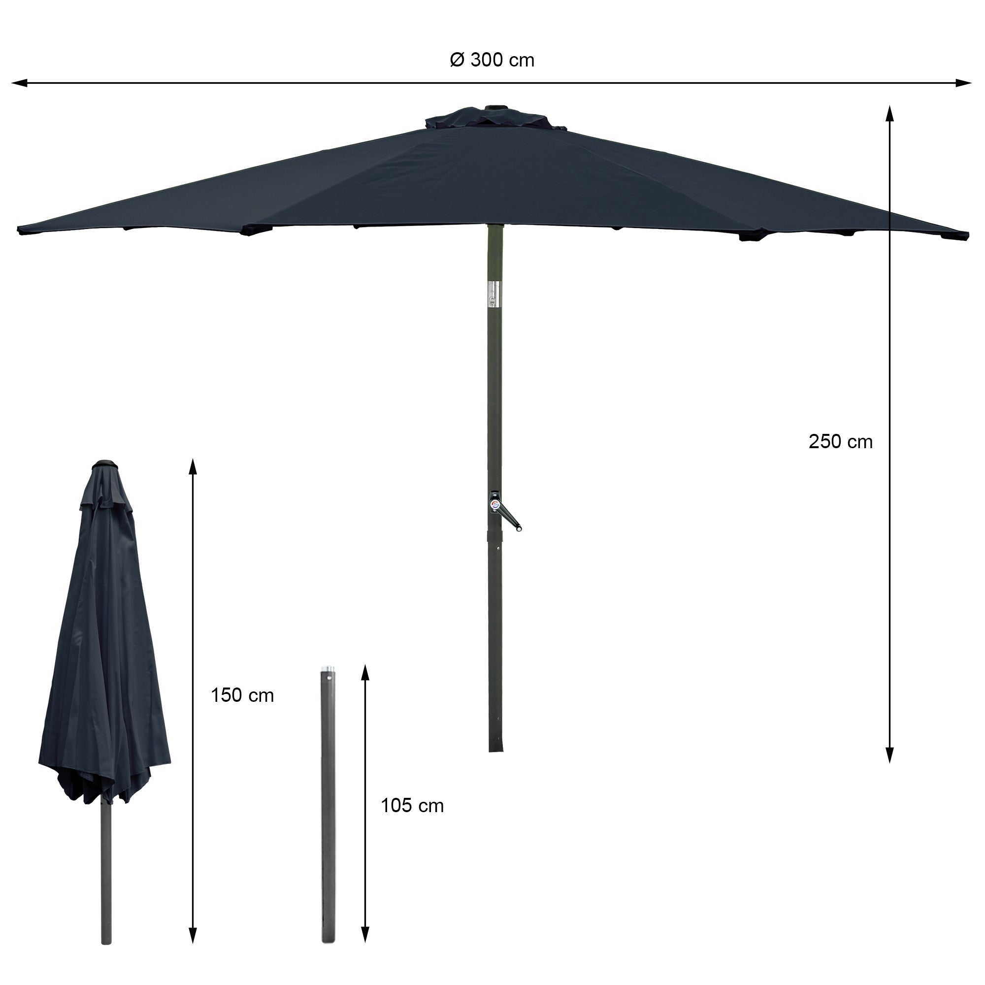 Measurement drawing of a parasol with dimensions and a folded view.