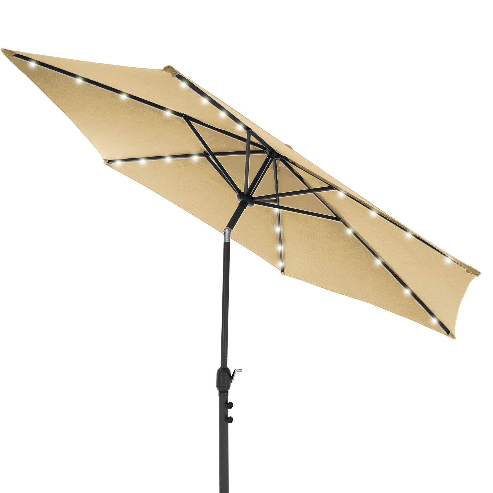 Beige sun umbrella with integrated lighting, viewed from below.
