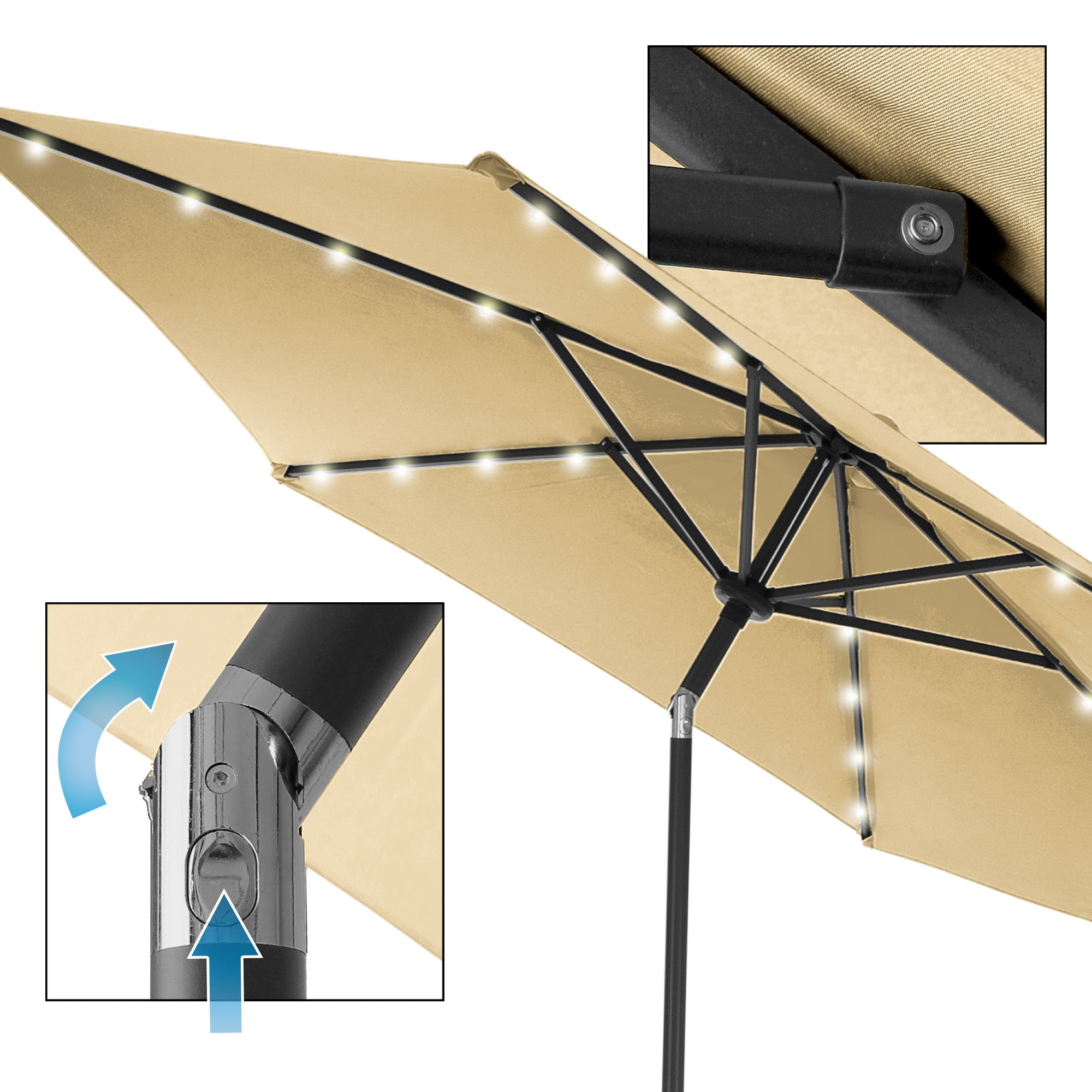Detail view of a sun umbrella with lighting and a joint mechanism.