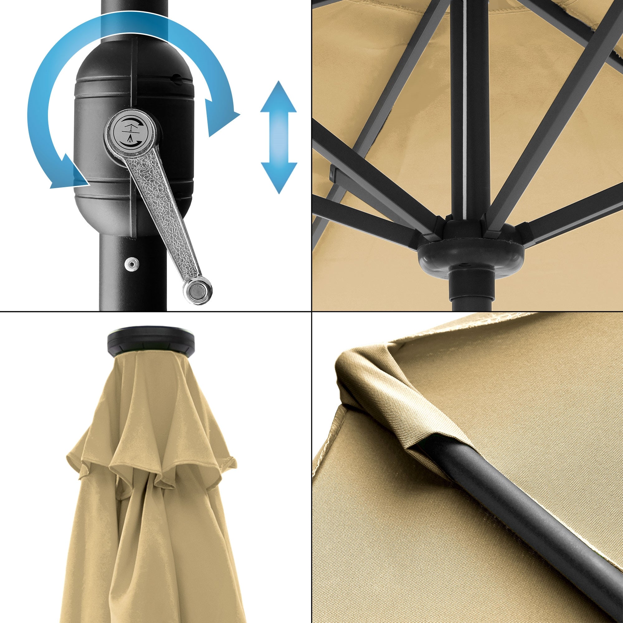 Detail view of a parasol with a crank mechanism and fabric cover.