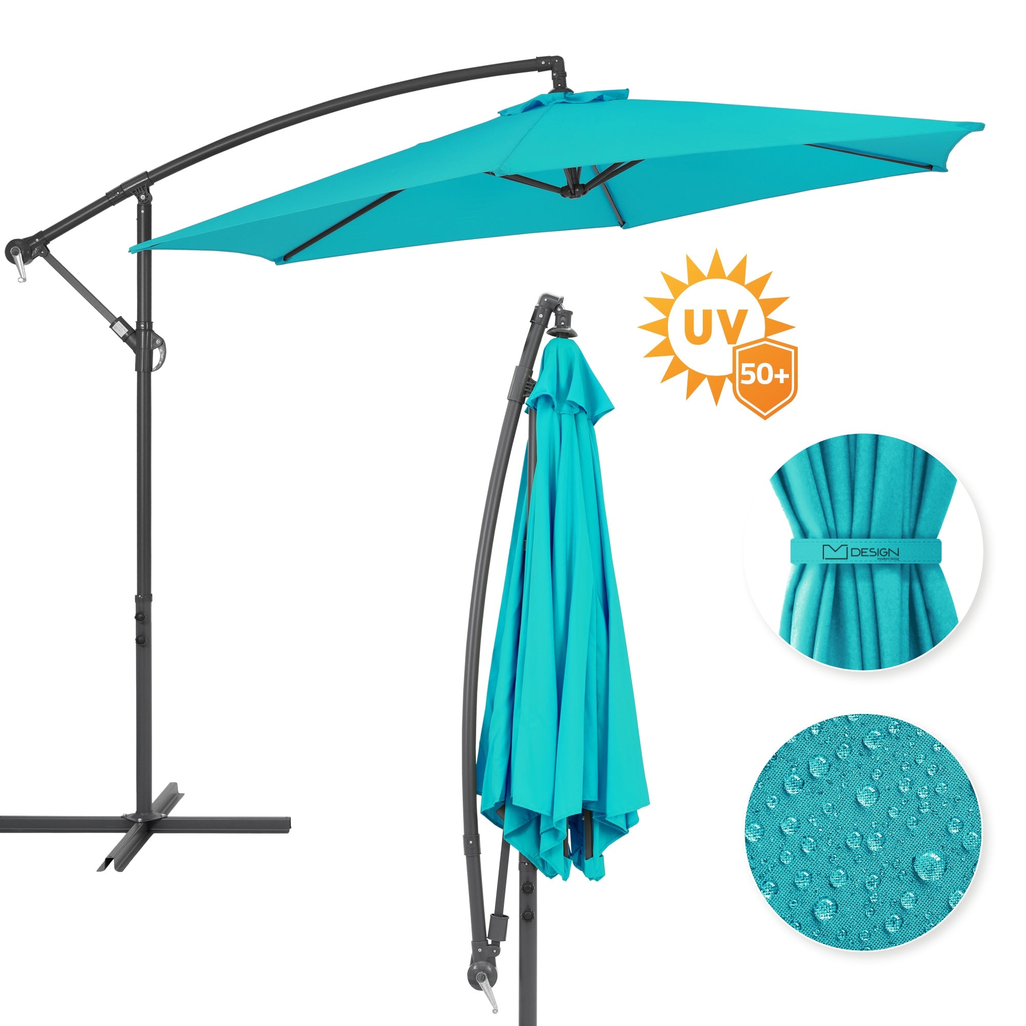 Ein Sonnenschirm in Türkis mit UV-Schutz und einem Wasserabweisenden Stoff.