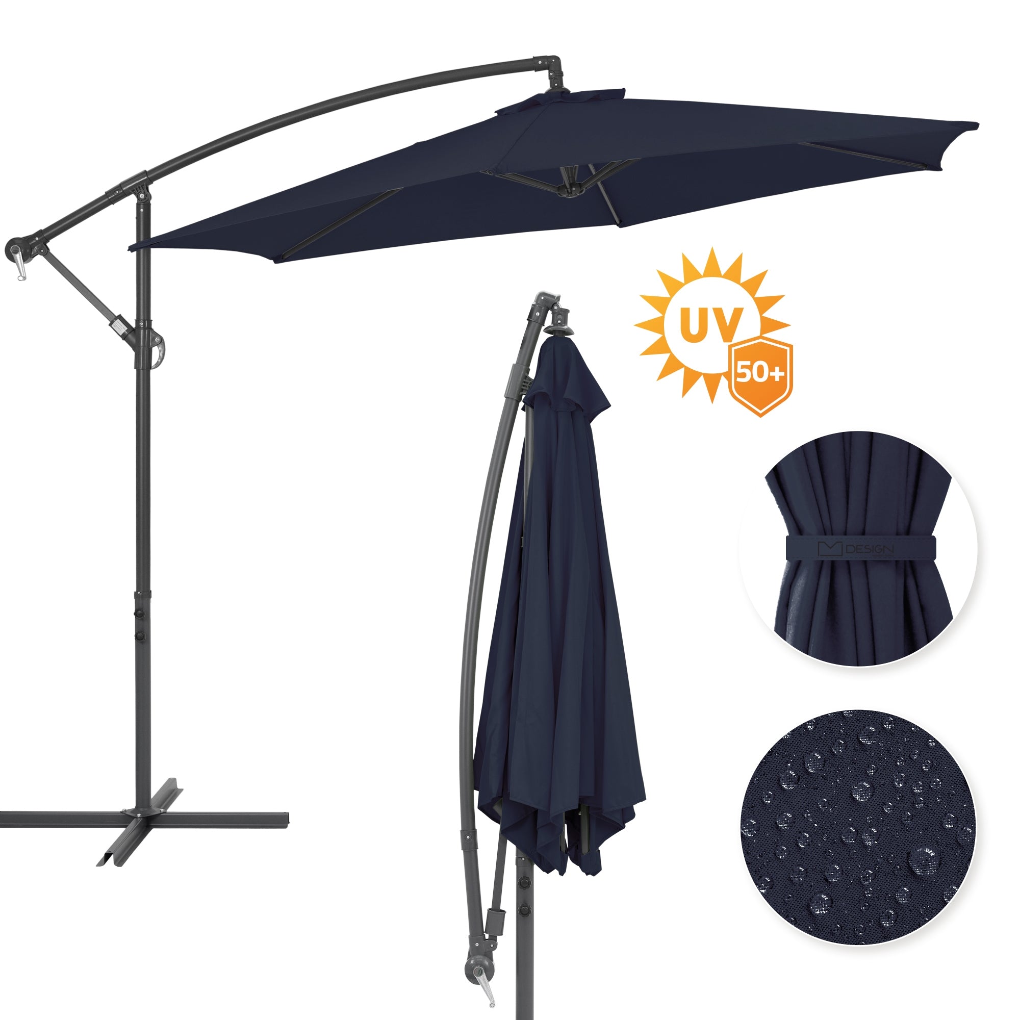 Dunkelblauer Sonnenschirm mit UV-Schutz, zusammengeklappt.