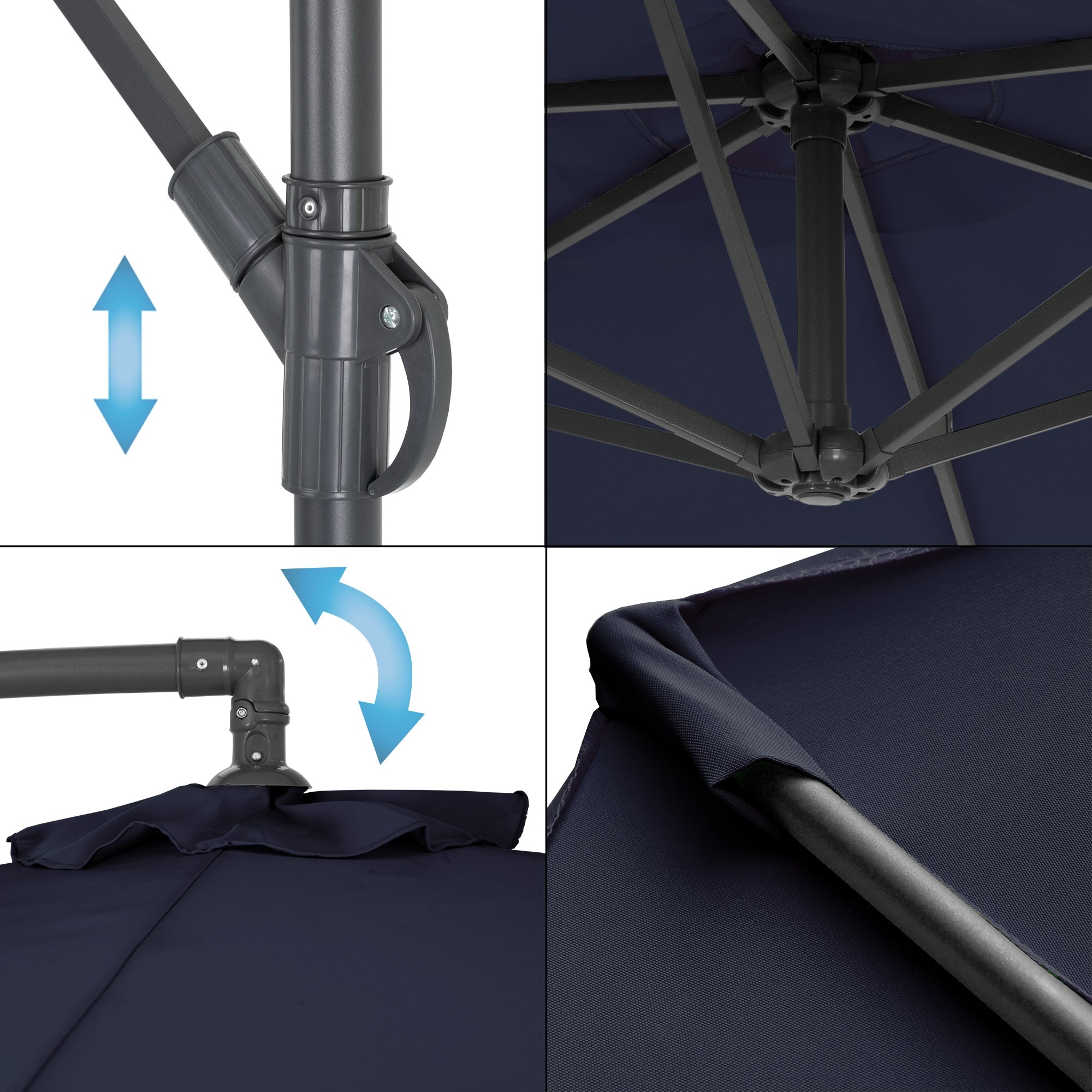 Detailaufnahme des Schirmmechanismus mit Hebel und Gelenk.