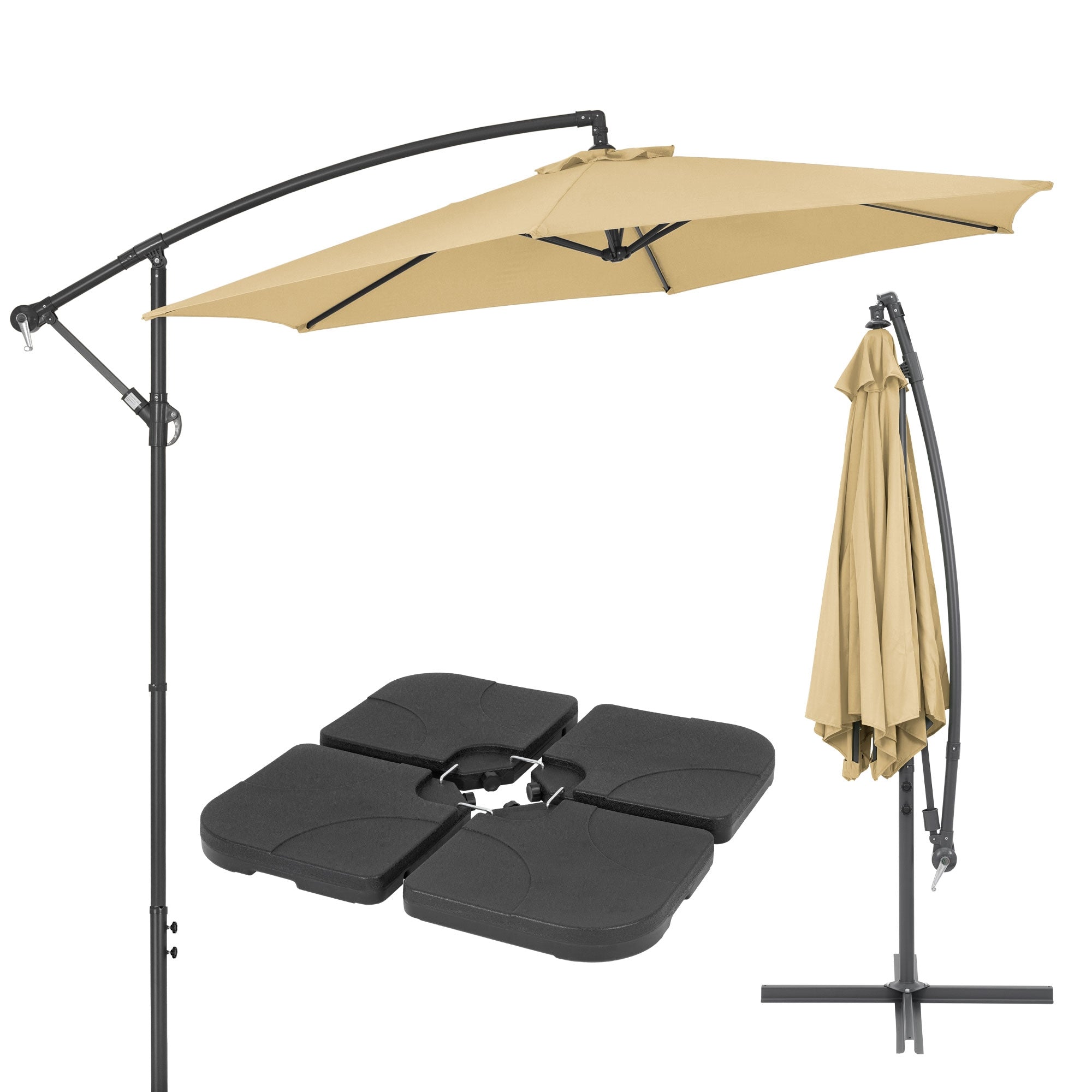 Parasol avec un support latéral et des poids carrés.