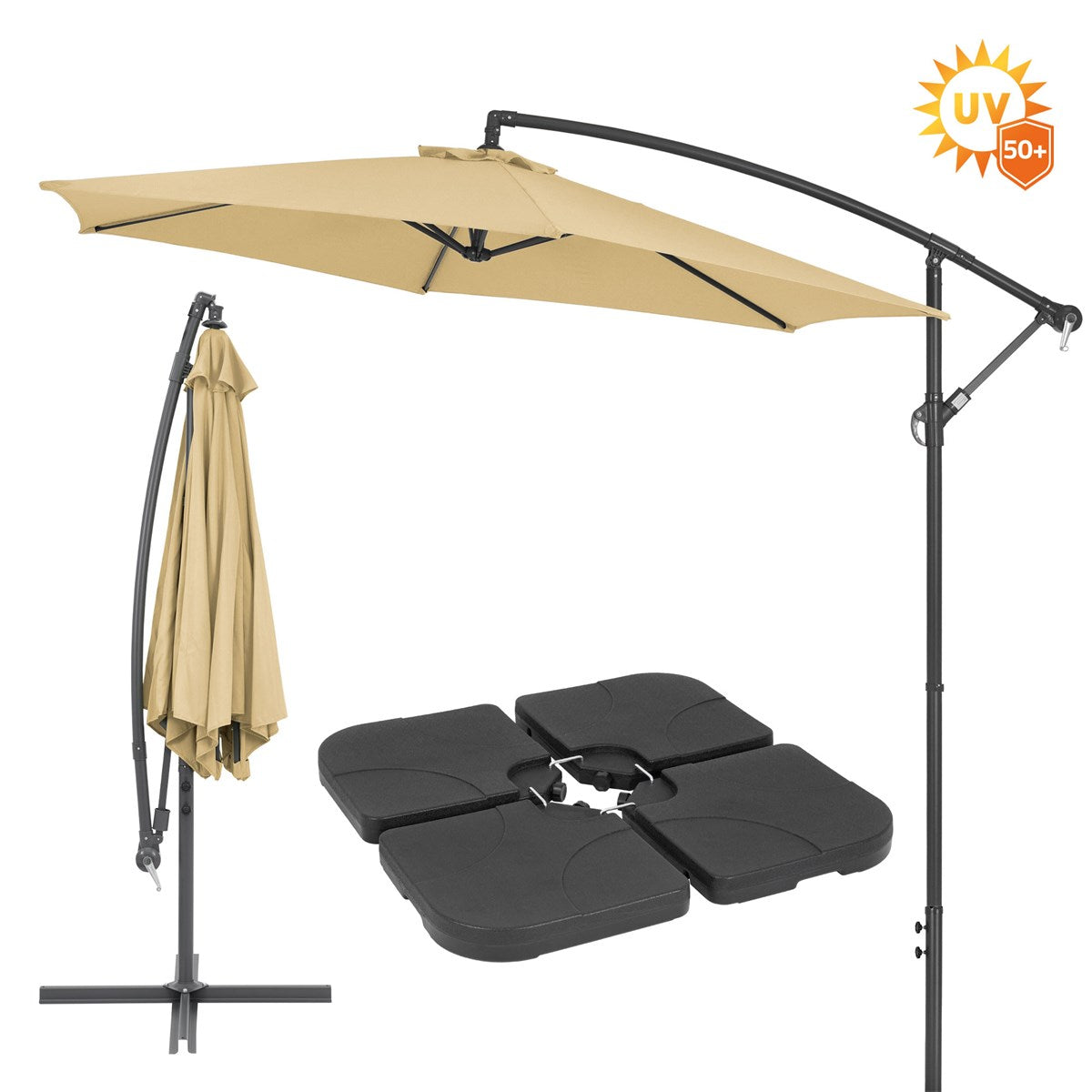 Ombrellone con telo beige e struttura nera, su una base.