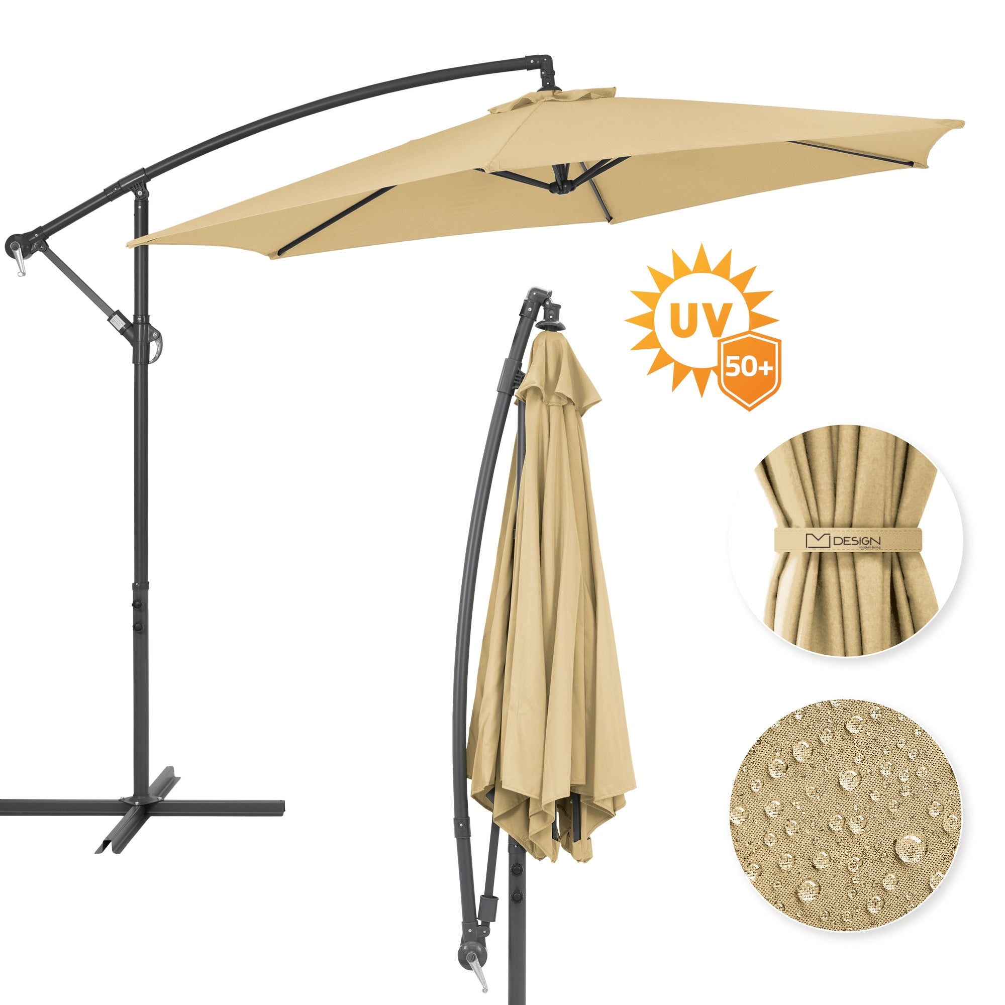 Parasol beige avec protection UV et surface déperlant.