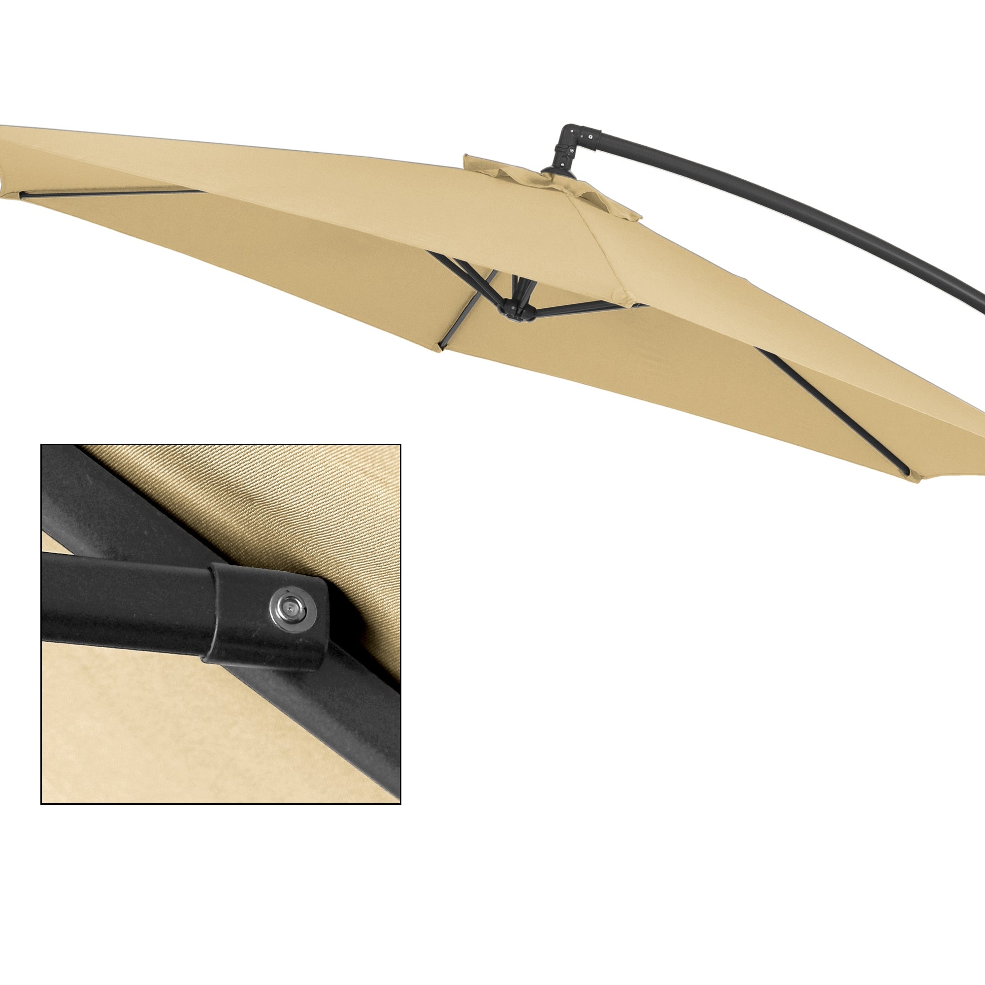 Vue détaillée du parasol beige avec un élément de connexion.