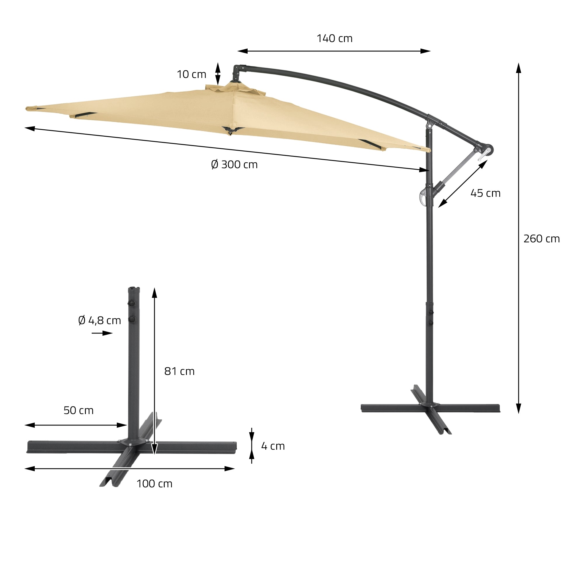 Parasol avec un tissu beige et un cadre en métal, dimensions et détails indiqués.