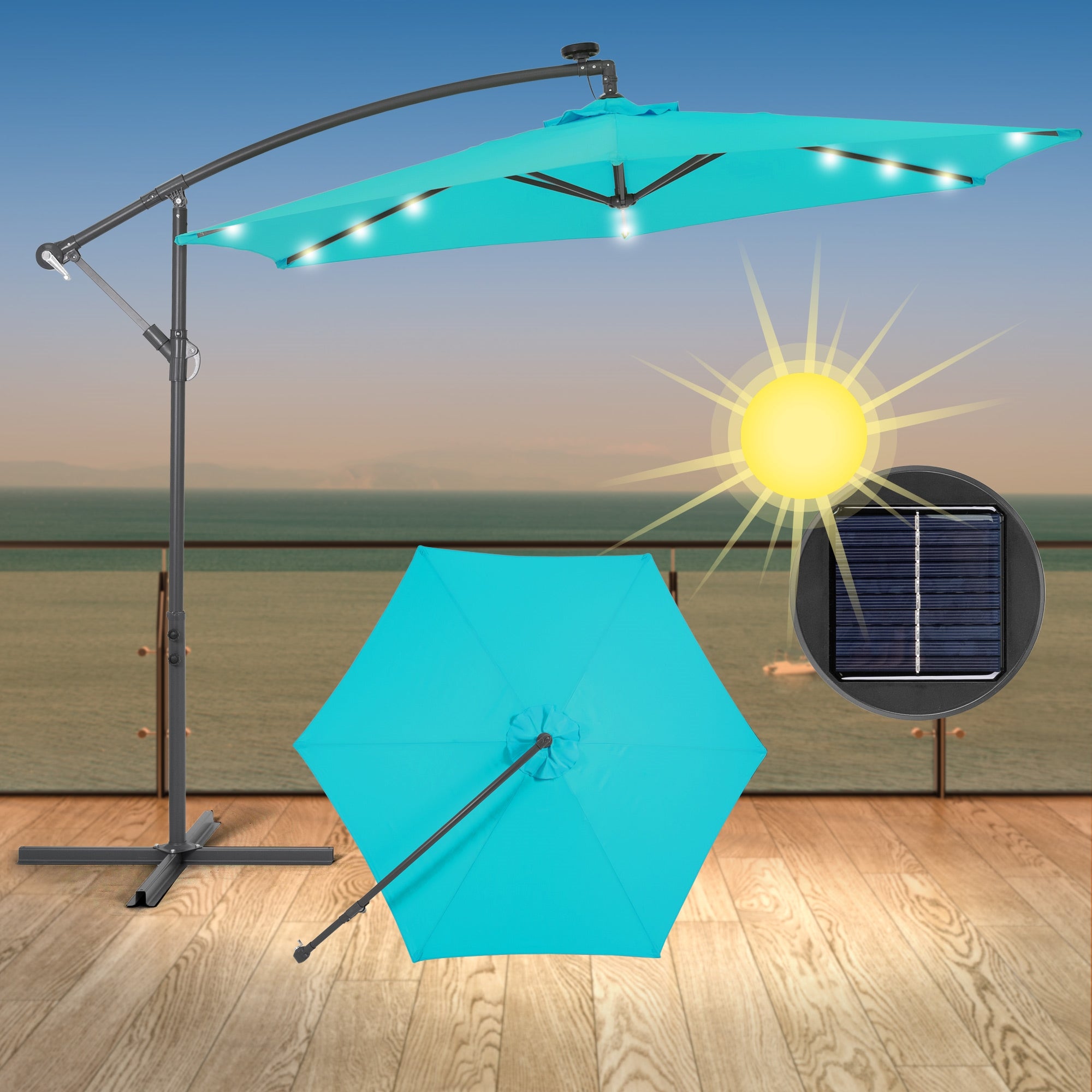 Turquoise parasol with LED lighting and solar panel, on a balcony.