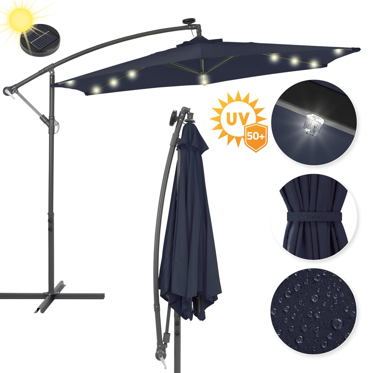 Sonnenschirm mit LED-Beleuchtung, UV-Schutz und wasserabweisendem Stoff in Dunkelblau.