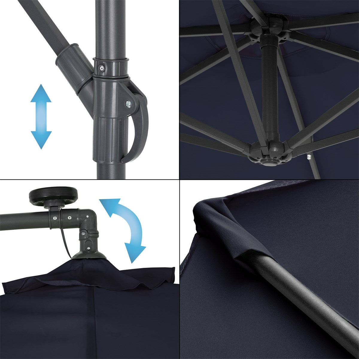 Detailansicht der Mechanik eines Sonnenschirms mit Hebe- und Drehfunktion.