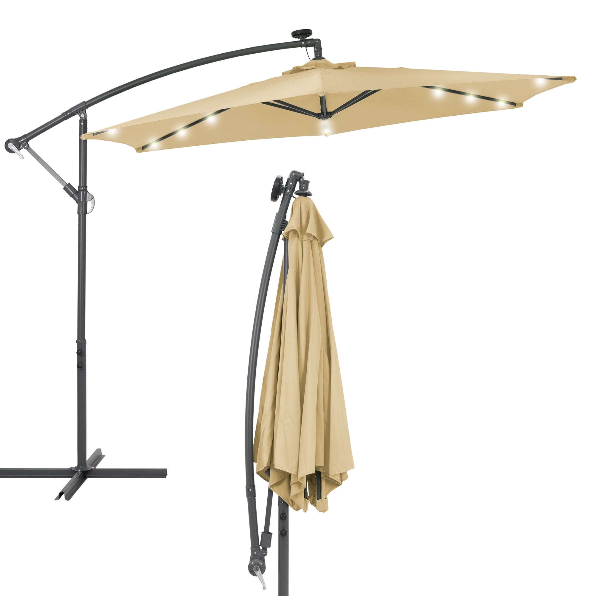 Gelenksonnenschirm mit beige-farbenem Stoff und LED-Beleuchtung.