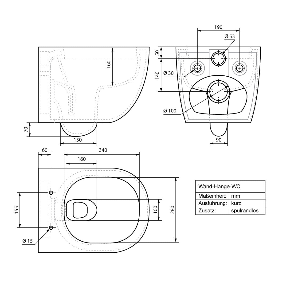 Technische Zeichnung eines Wandhänges WC mit Maßen und Details.