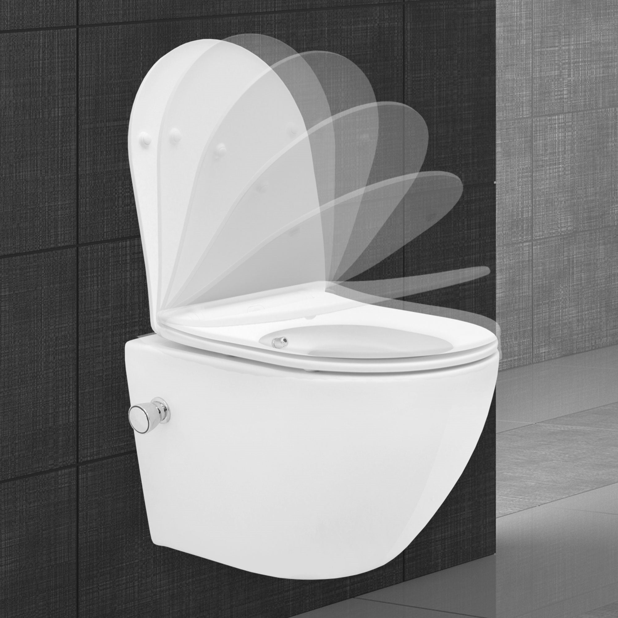 White toilet with a lid that opens upwards.