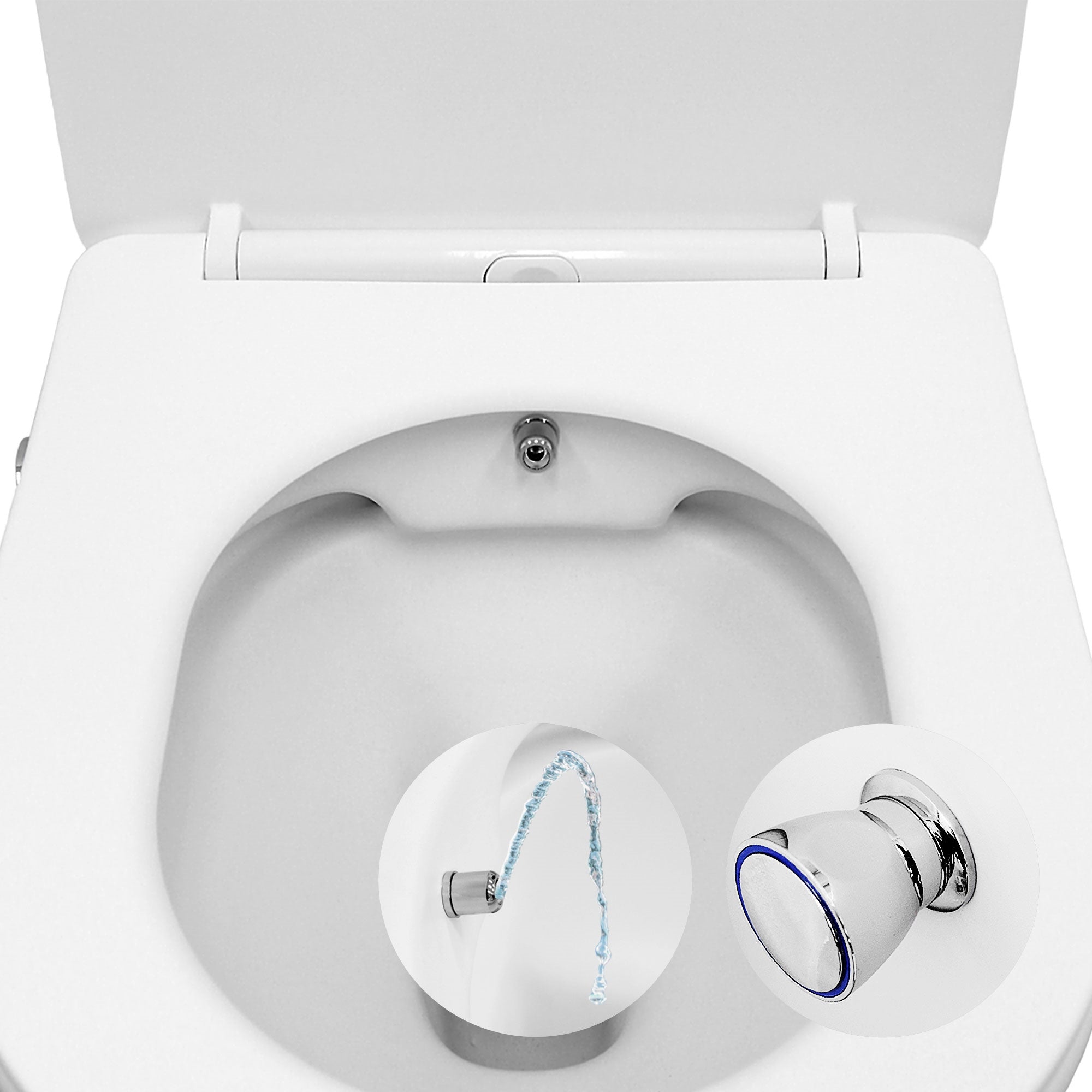 A toilet seat with water connection and control button.