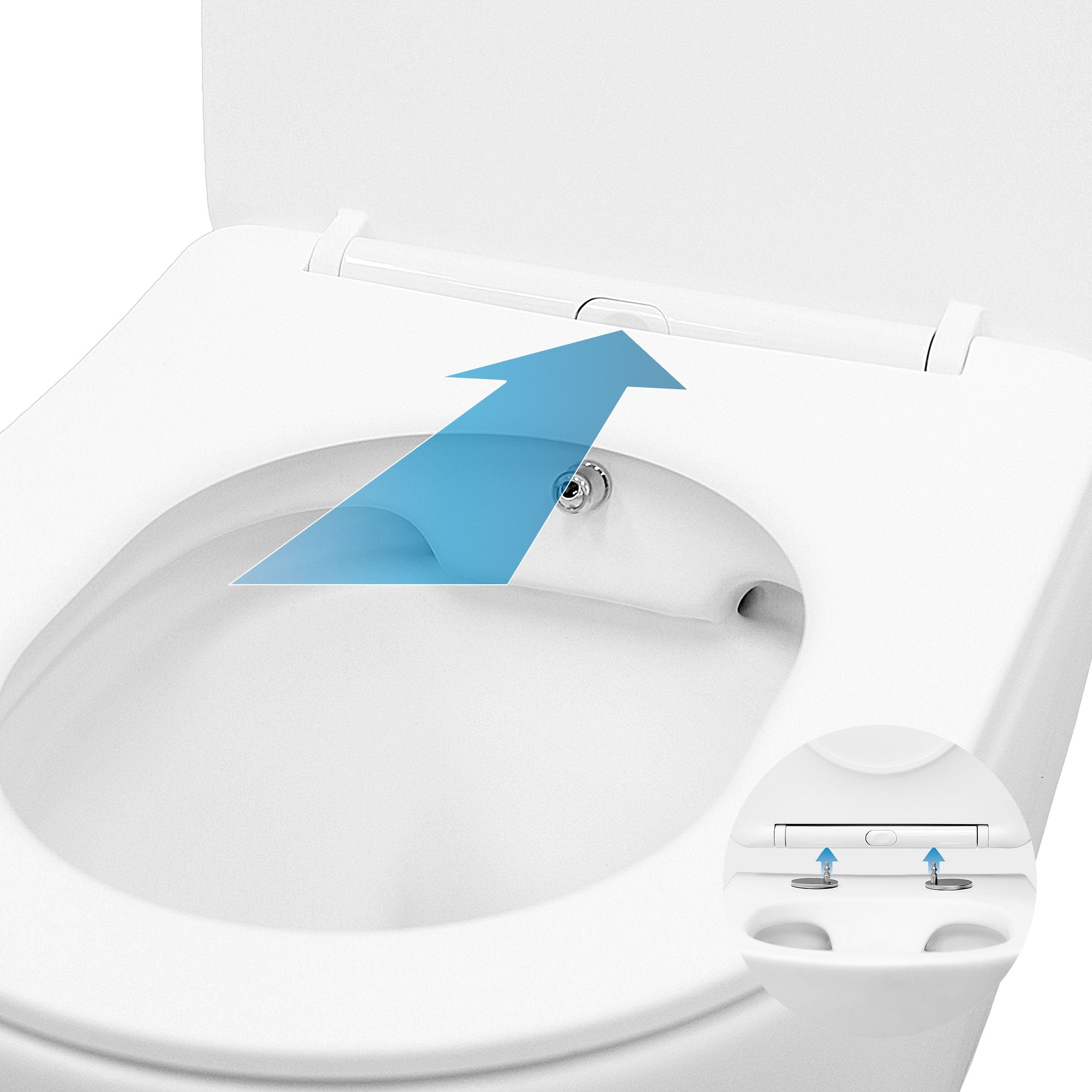 A toilet seat with a lever for flushing.