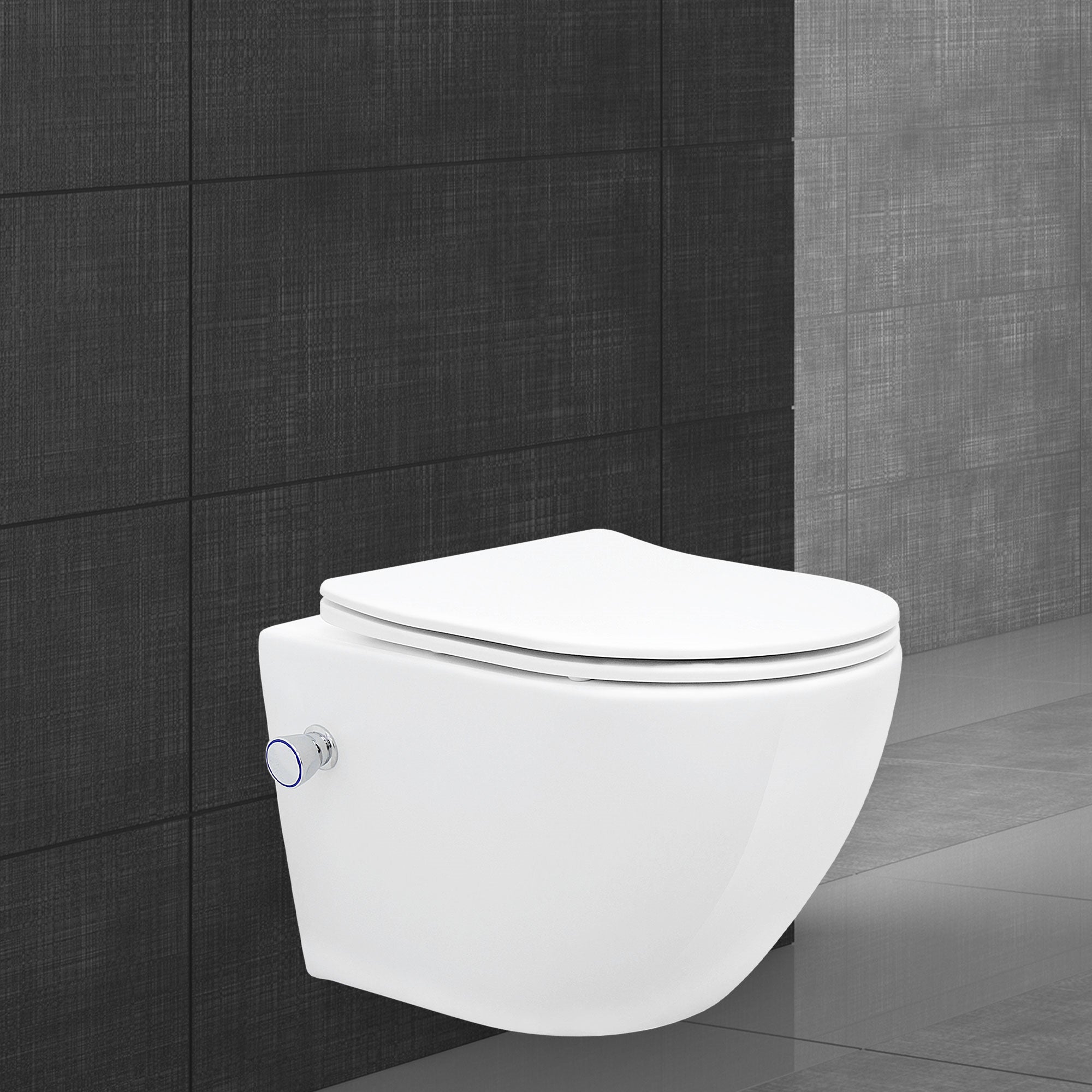 White wall-mounted toilet against a dark tiled wall.