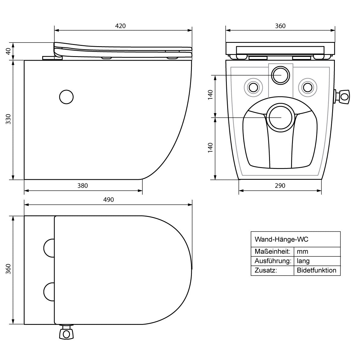 Technical drawing of a wall-mounted WC with dimensions.