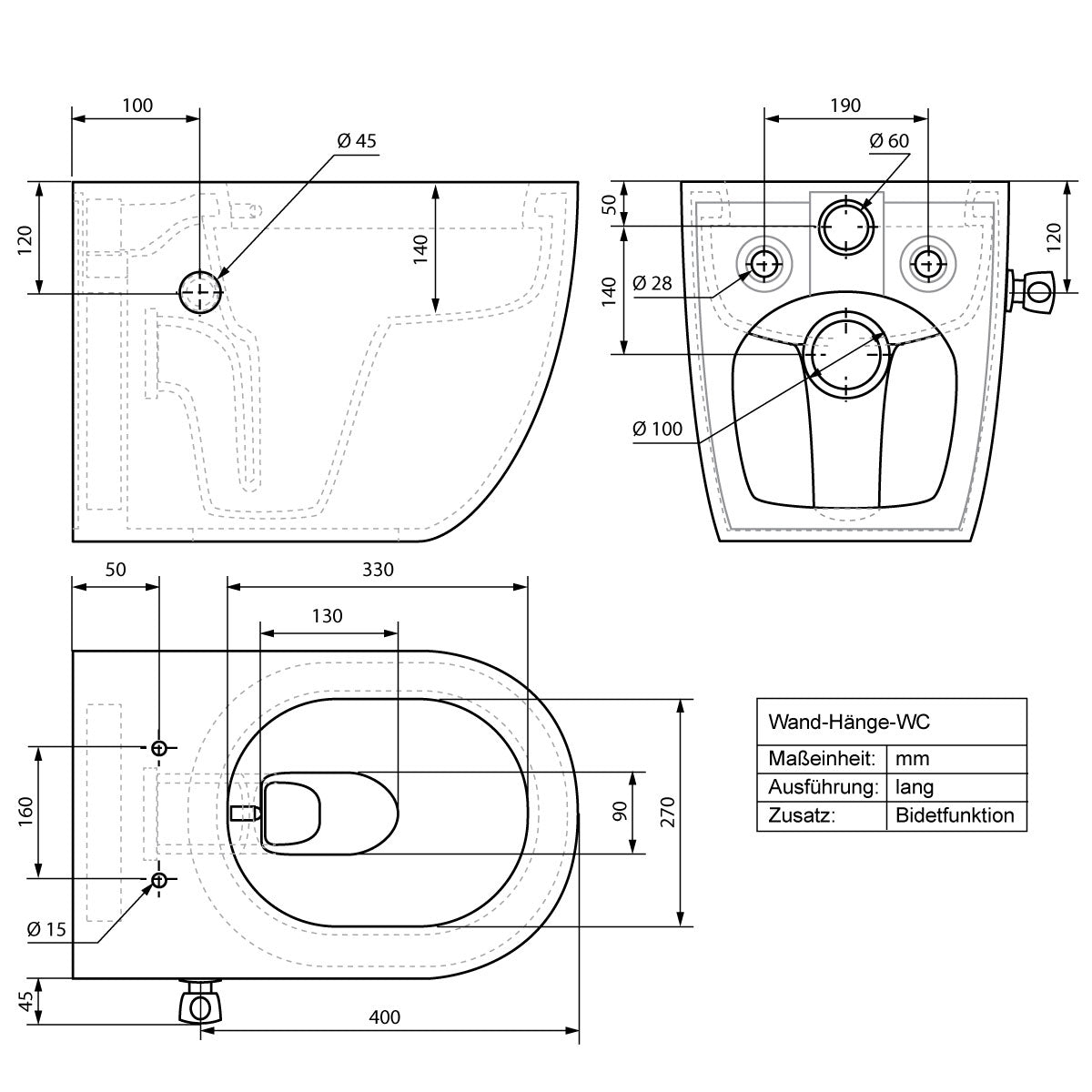 Technical drawing of a wall-hung WC with dimensions.