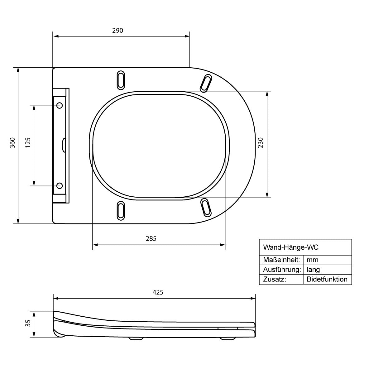 Technical drawing of a wall-hung WC with dimensions and additional information.