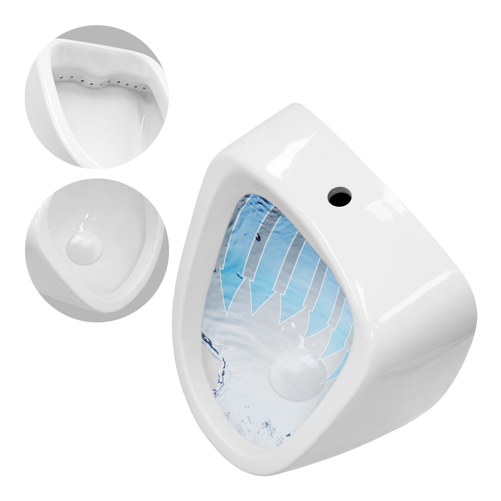 A white urinal with water flow and drainage opening.