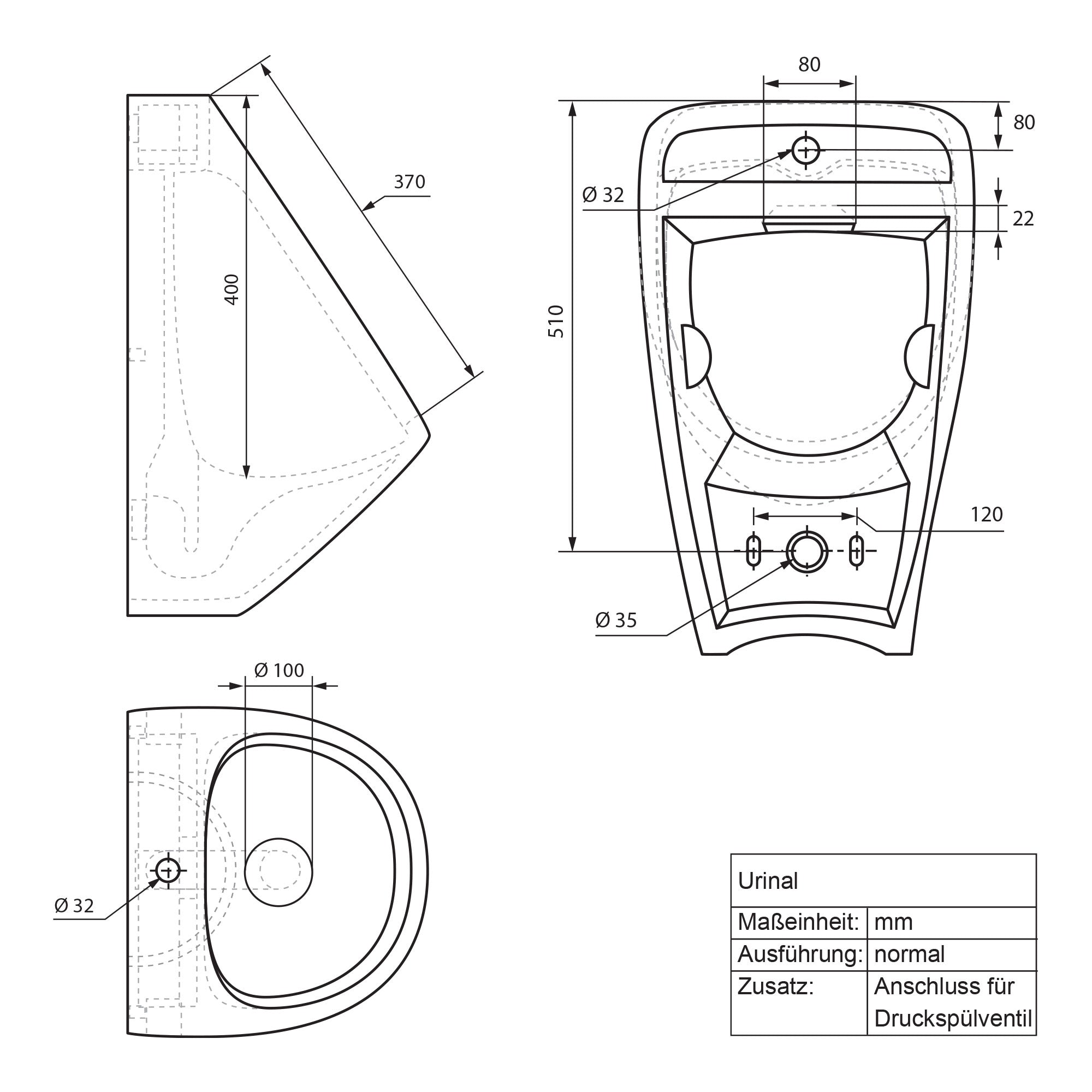Technical drawing of a urinal with connection for pressure flush valve.