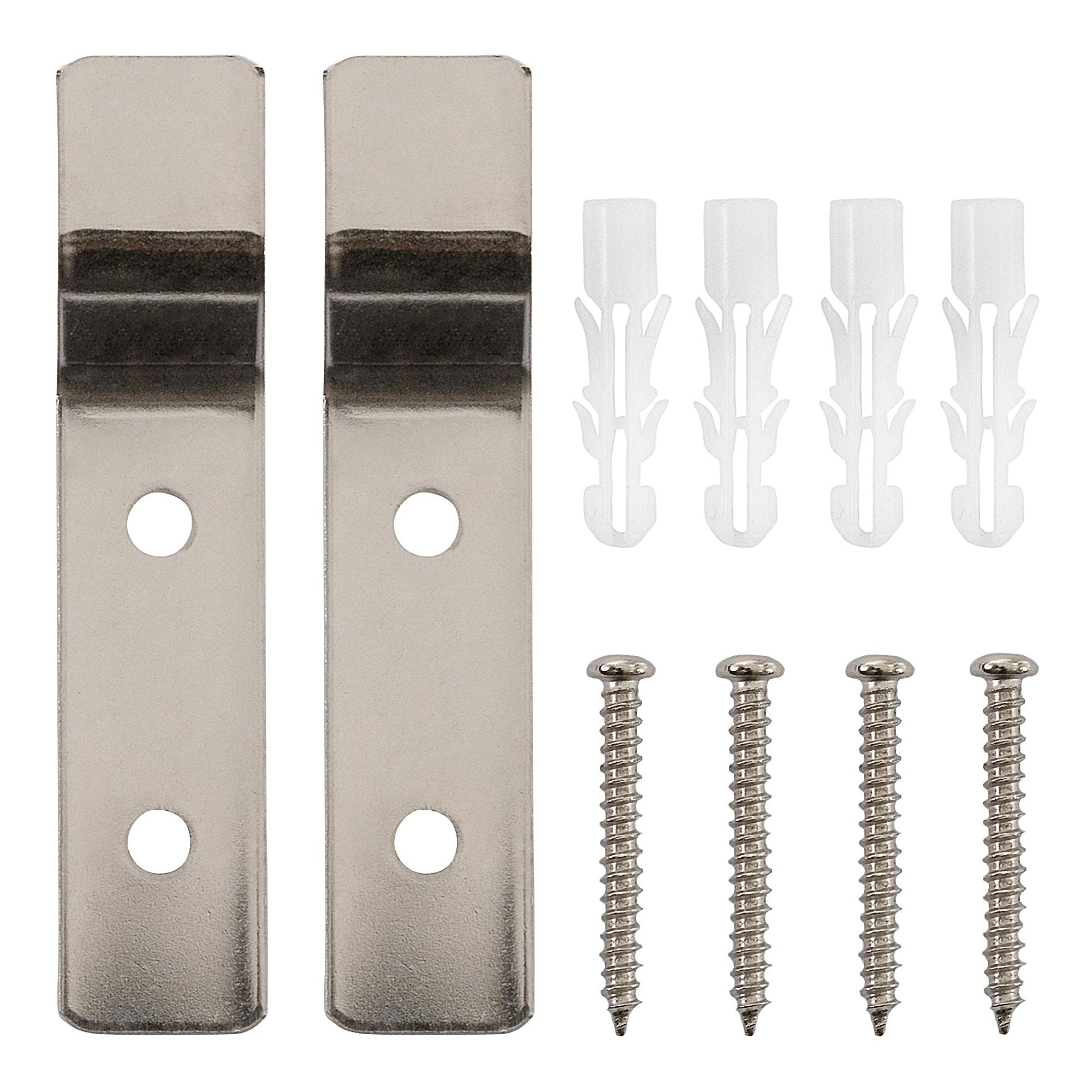 Two metal brackets with screws and dowels for mounting.