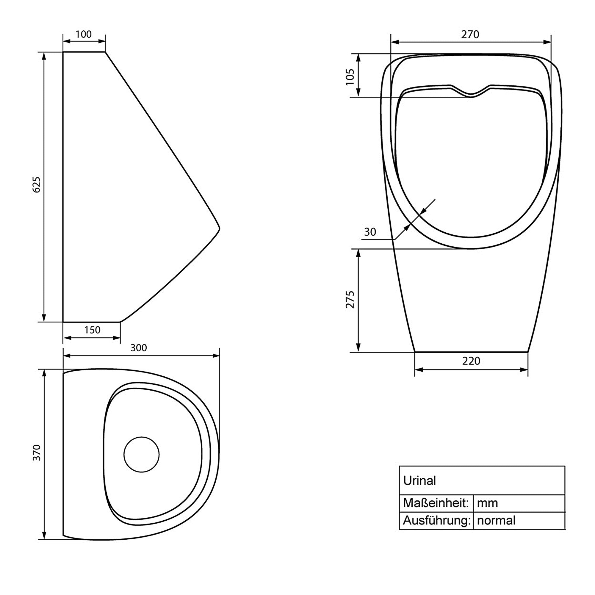 Technical drawing of a urinal with dimensions in millimeters.
