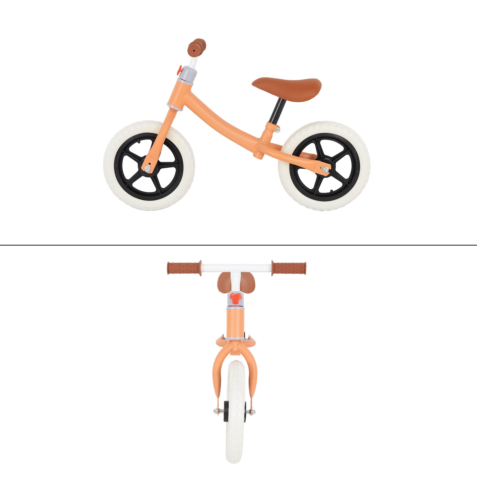Ein orangefarbenes Laufrad mit schwarzen Reifen und braunem Sattel.