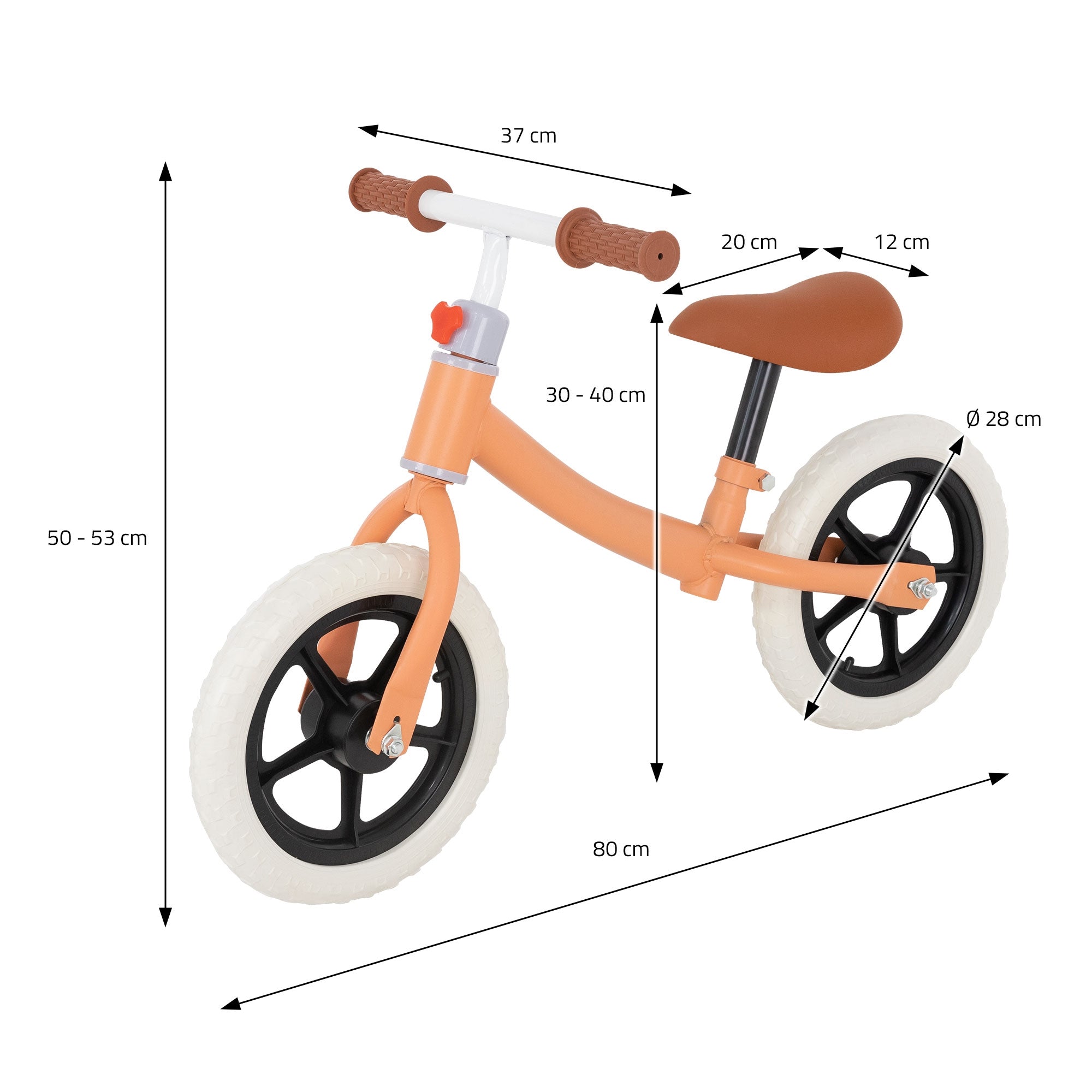 Ein orangefarbenes Laufrad mit schwarzen Reifen und Maßen.