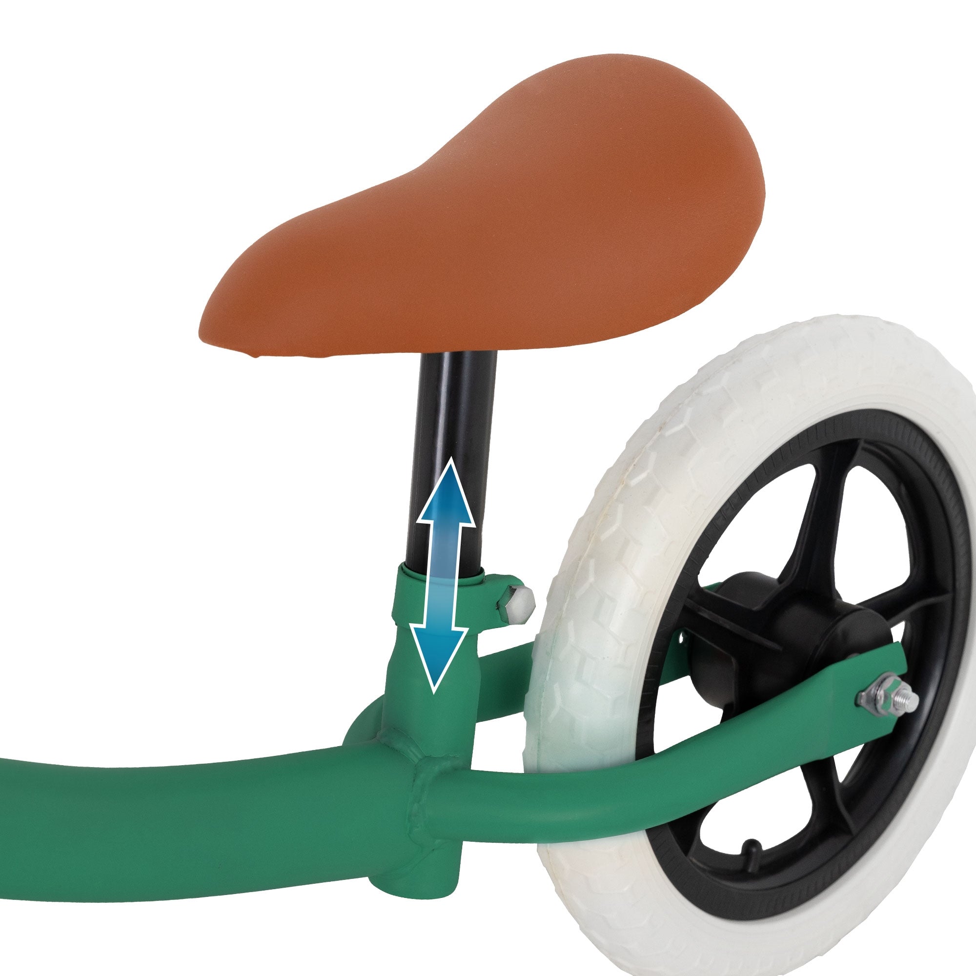 Sitzhöhe eines Kinderfahrzeugs verstellbar, mit braunem Sitz und weißem Rad.