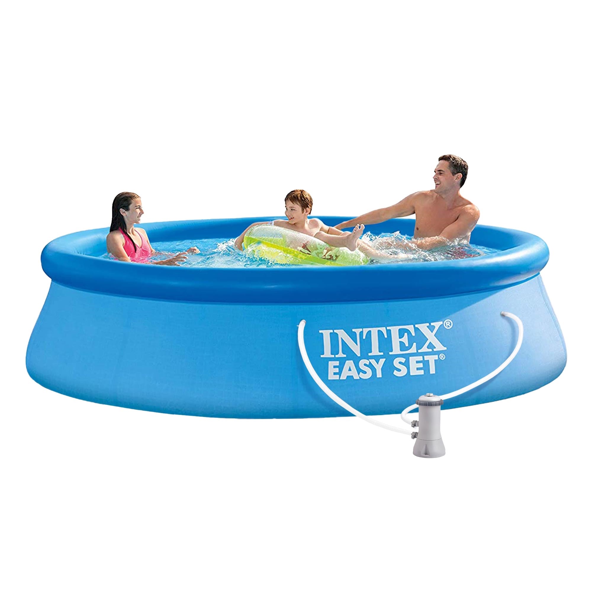 Drei Personen in einem blauen Aufstellpool, zwei Kinder und ein Erwachsener.