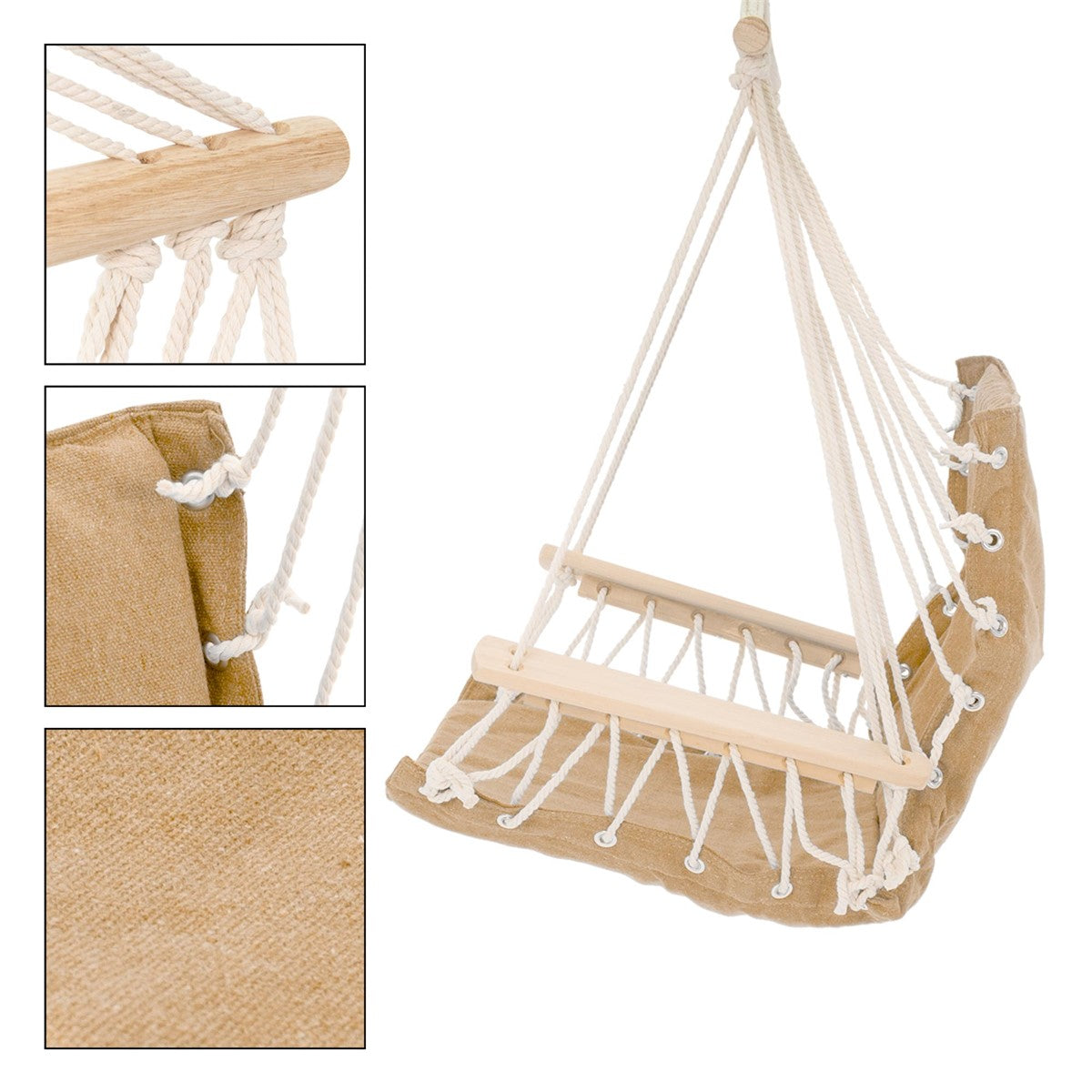 Hängesessel aus Stoff mit Holzleisten und weißen Seilen.
