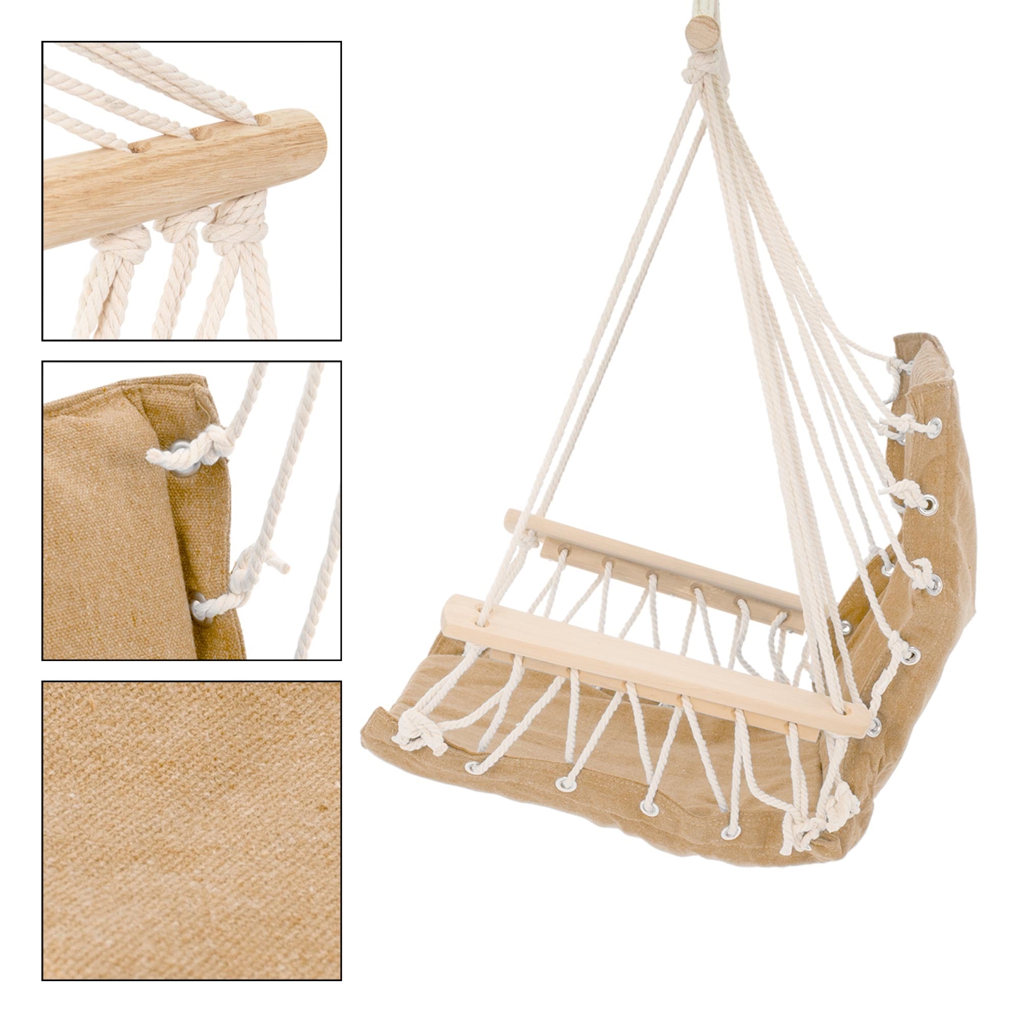 Hängesessel aus Stoff mit Holzleisten und weißen Seilen.