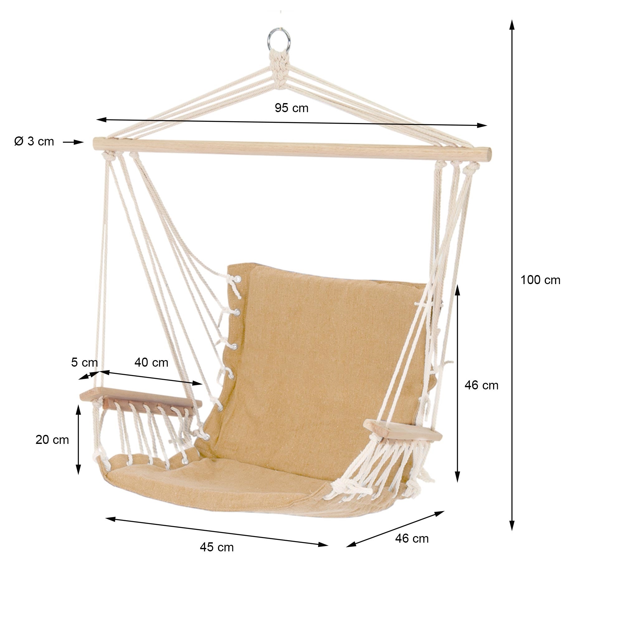 Hängesessel mit Holzgestell und beige Kissen, Maße sind angegeben.