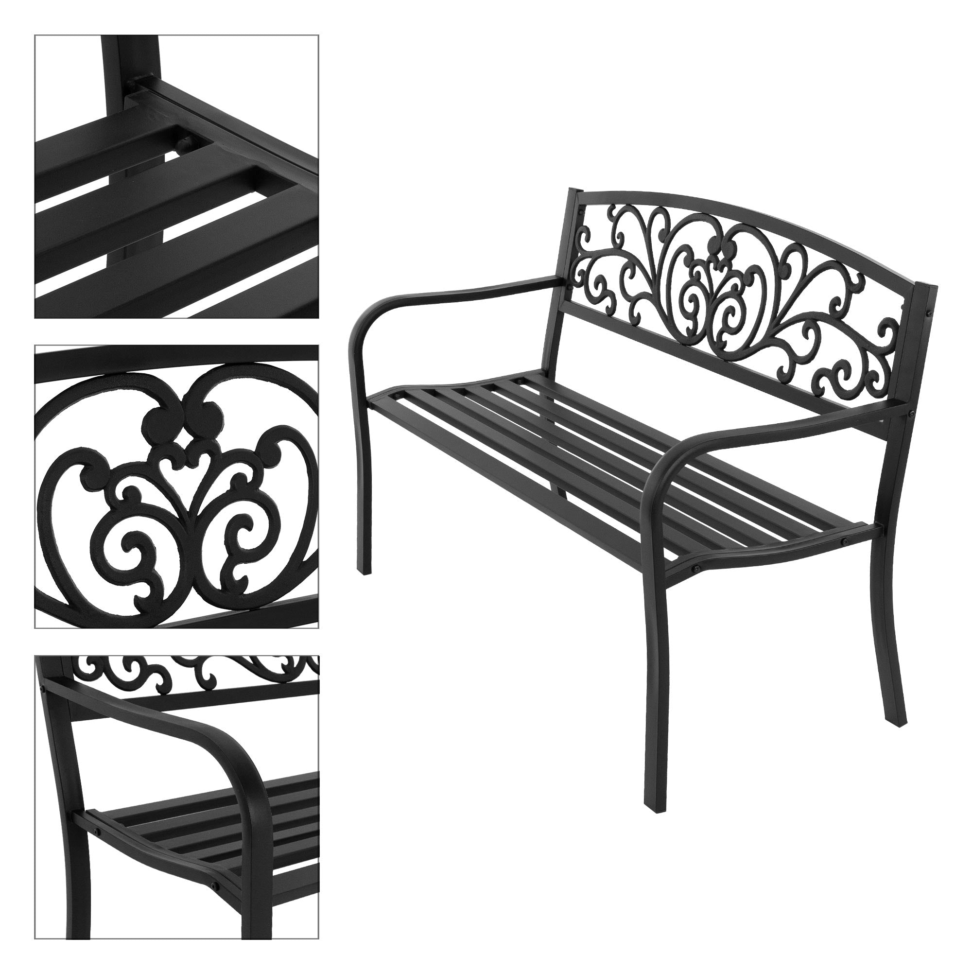 Black garden bench with curved back and decorative embellishments.
