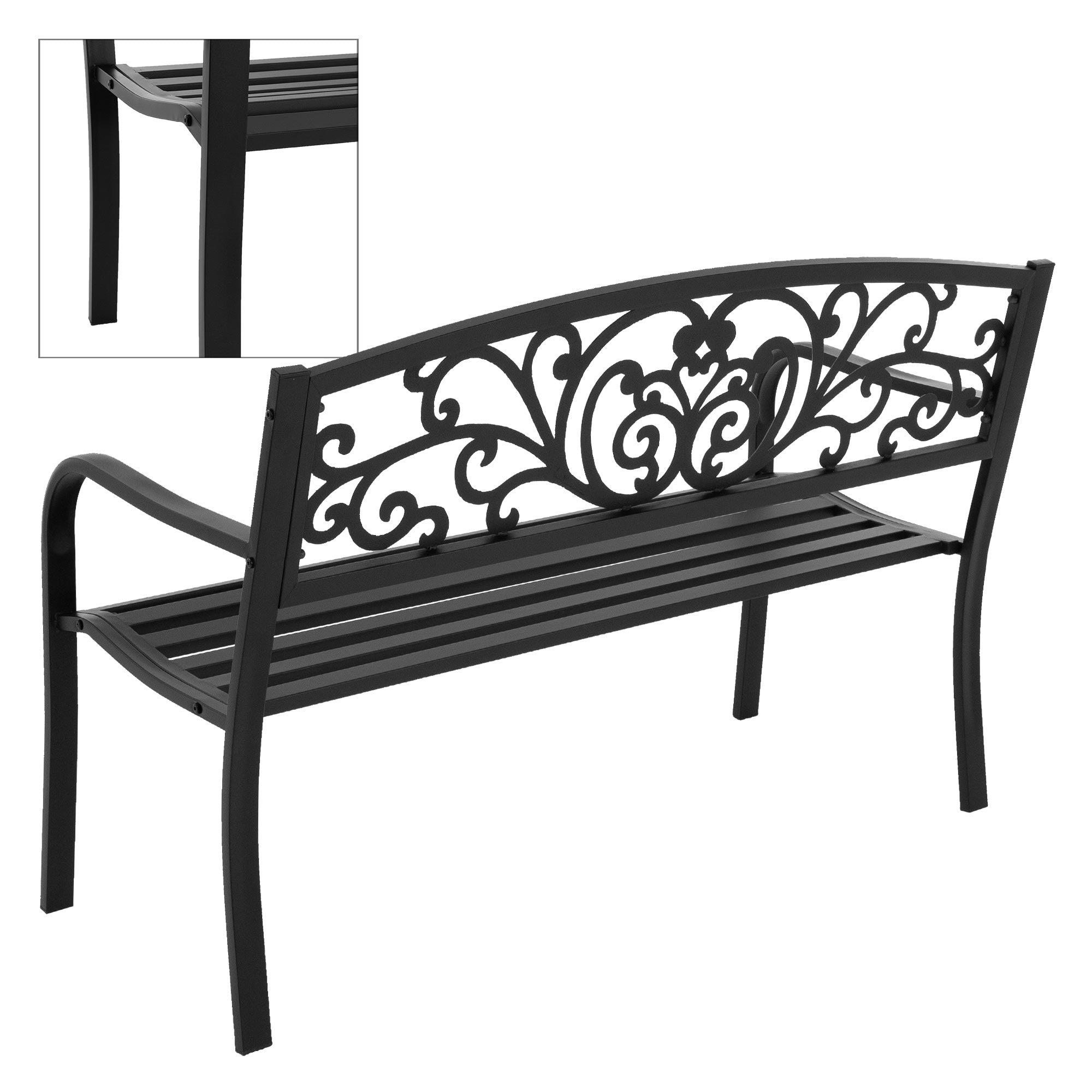 Black garden bench with curved back and side armrests.