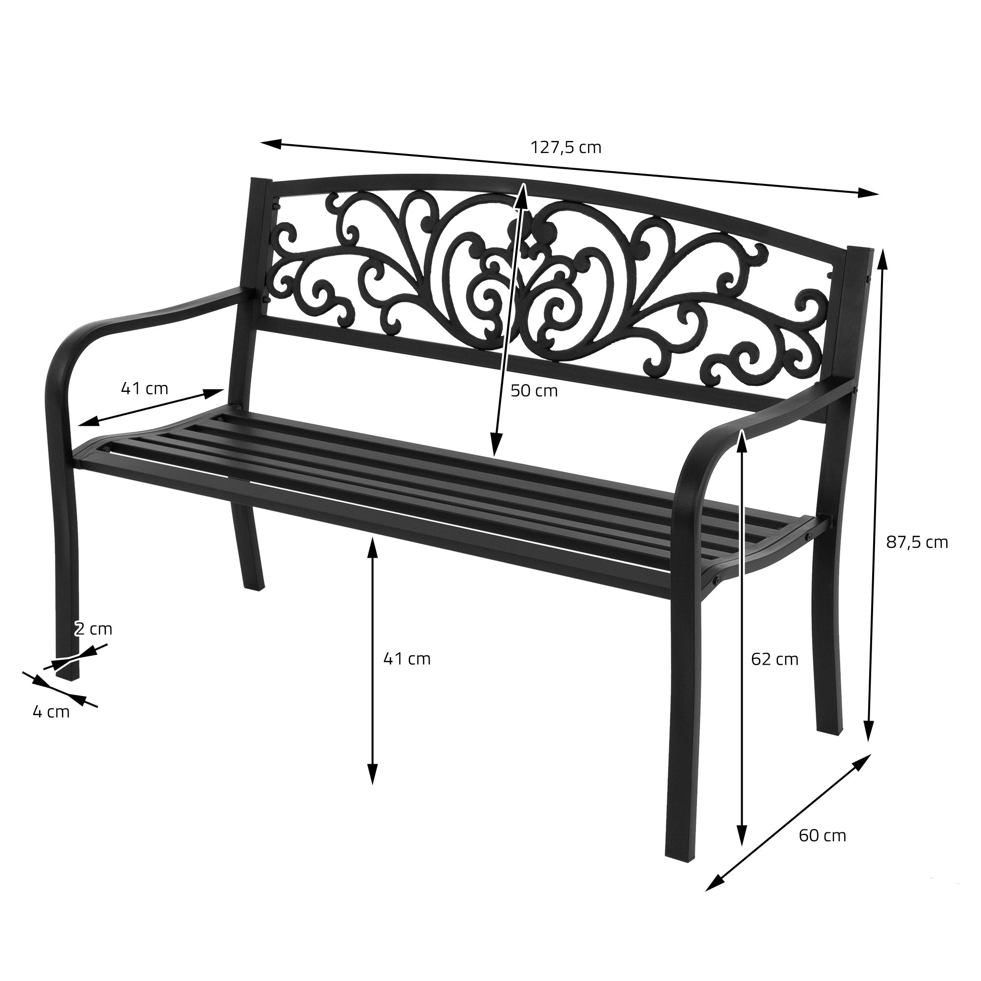 A black bench with curved back and dimensions on a white background.