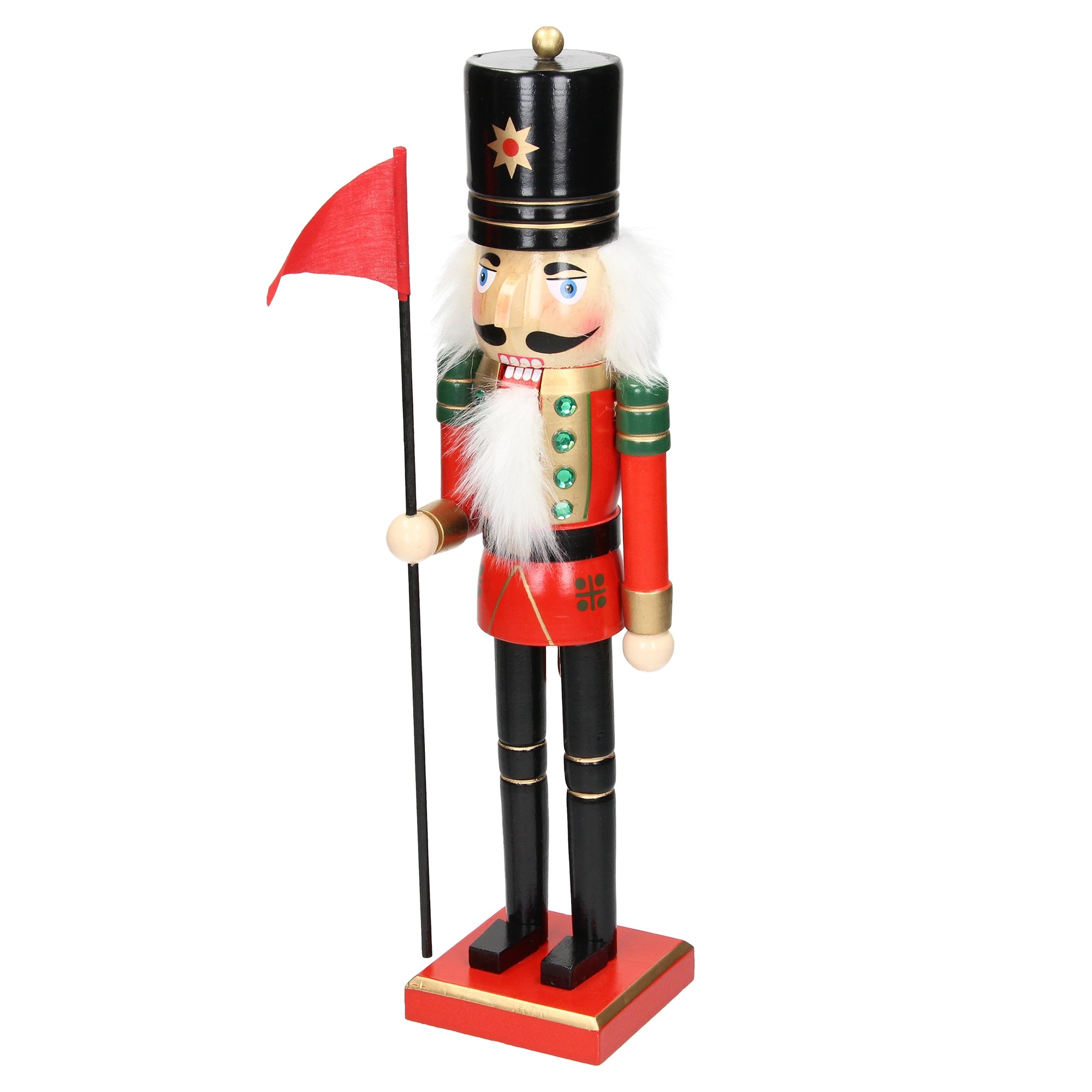 Nutcracker with a black hat and a red flag in hand.