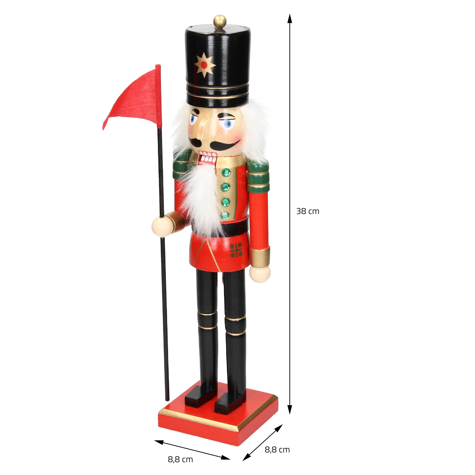 Nutcracker with a black hat, red flag, and measurements.