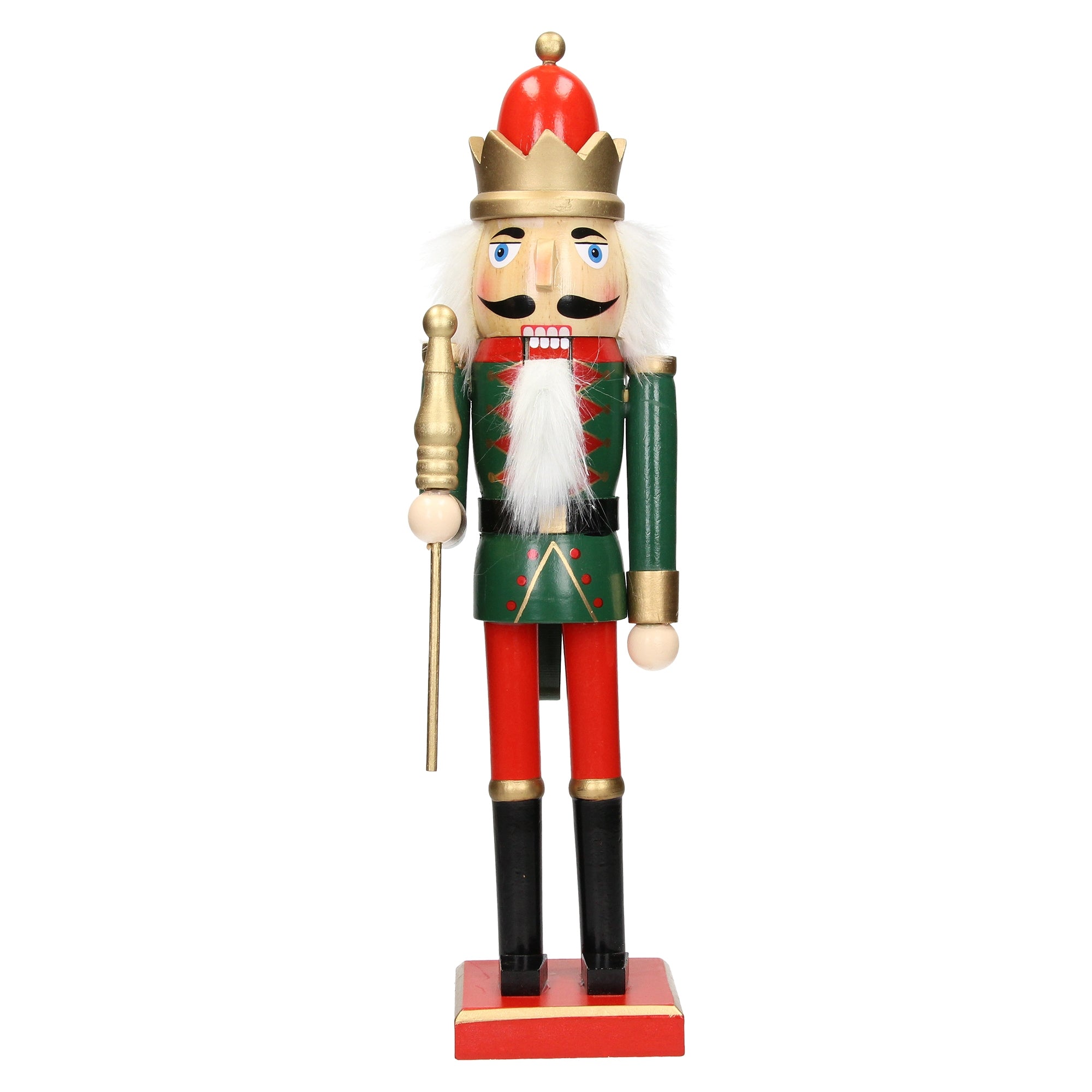 Un casse-noix en bois en uniforme avec couronne et sceptre, se tenant sur un socle.