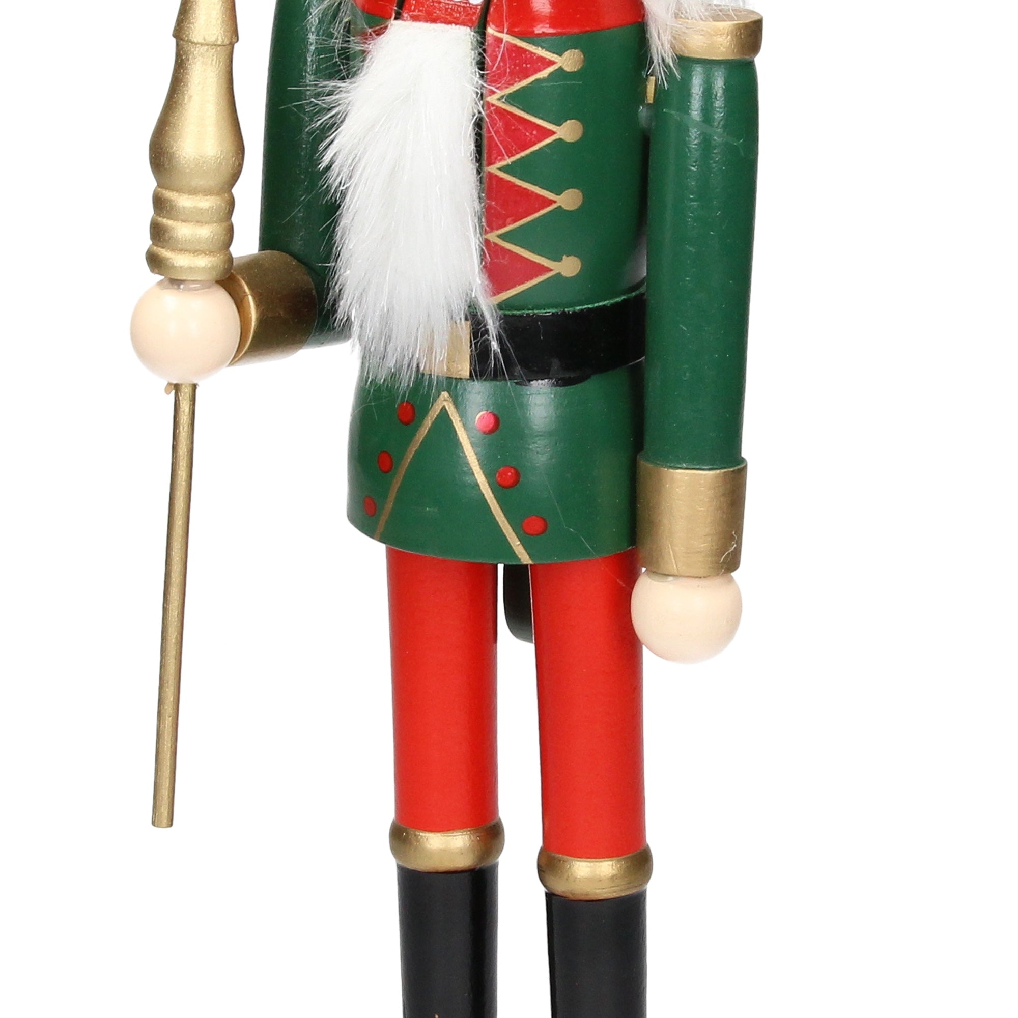Vue détaillée d'un casse-noix en uniforme vert avec sceptre.