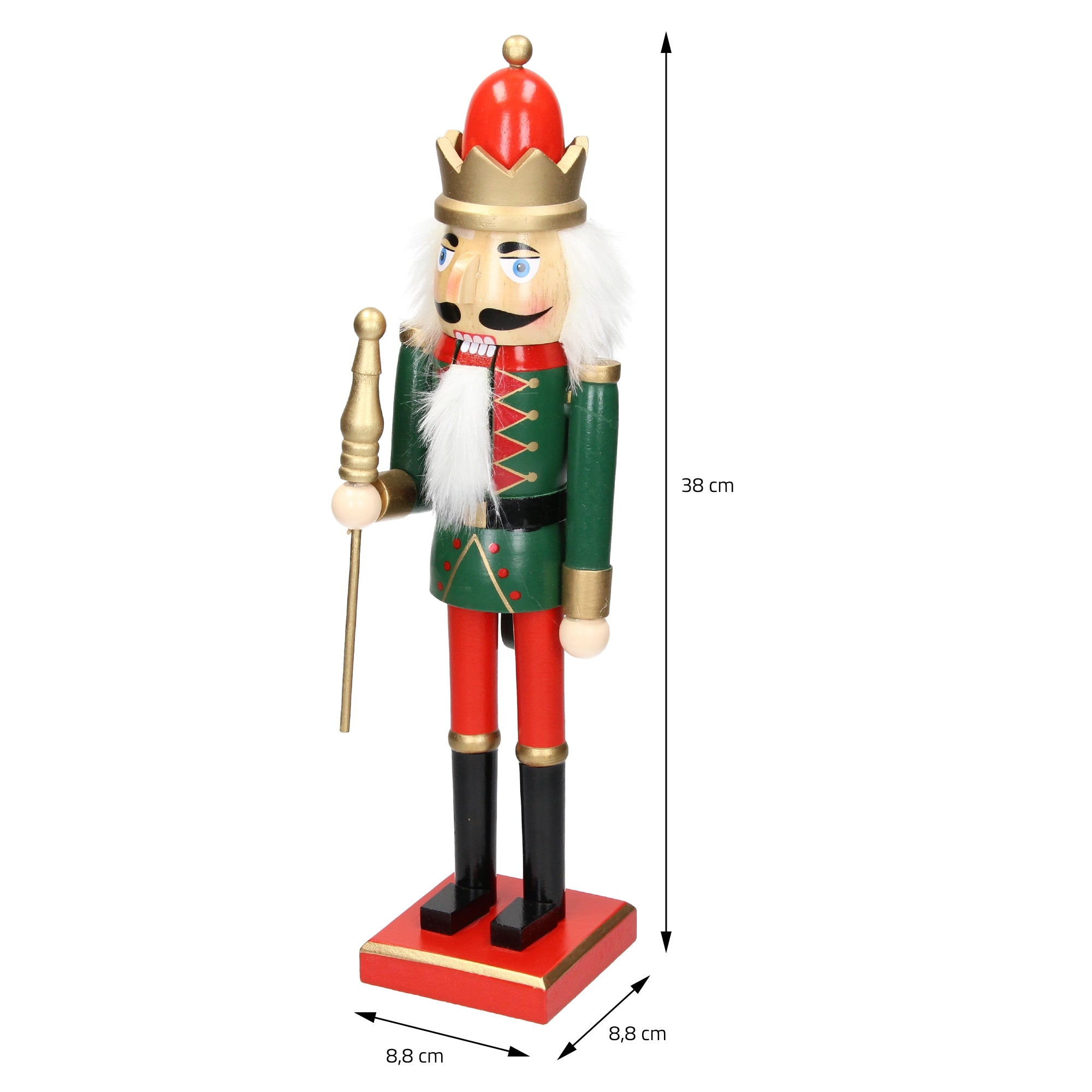 Figurine de casse-noix avec chapeau rouge et couronne dorée, 38 cm de haut.