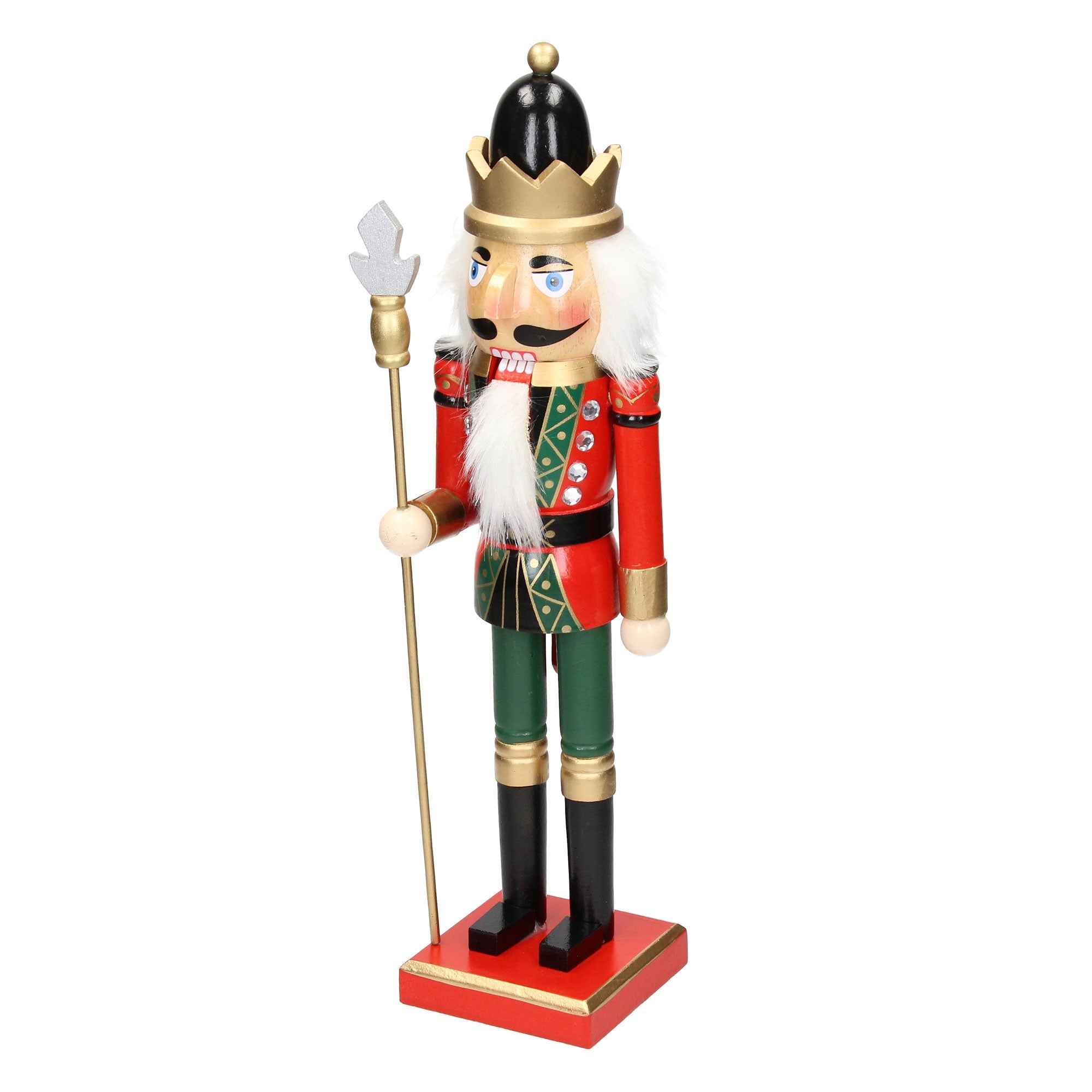 A wooden nutcracker in red and green with a crown and spear.