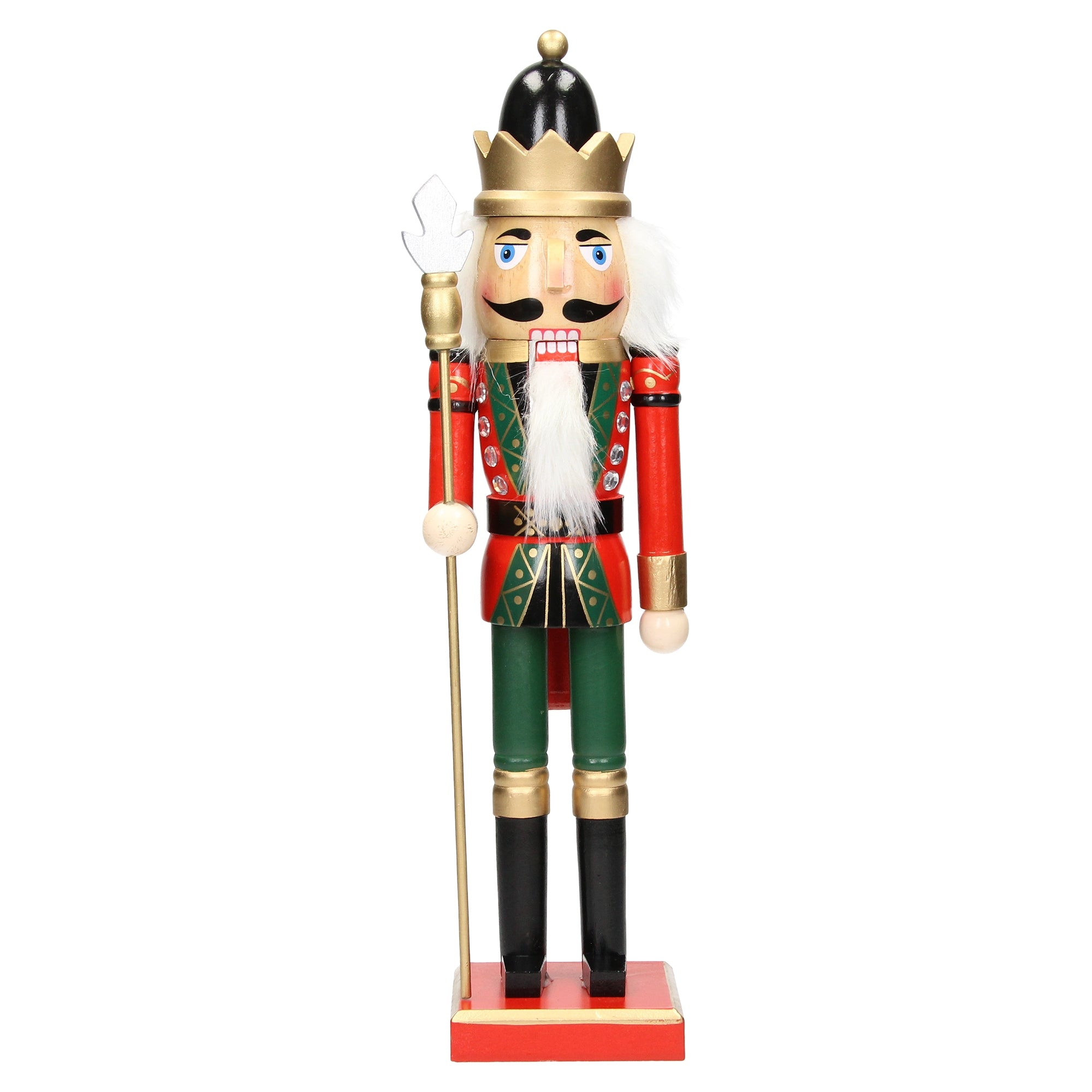 Colorful nutcracker with a golden crown and green uniform, holding a staff.