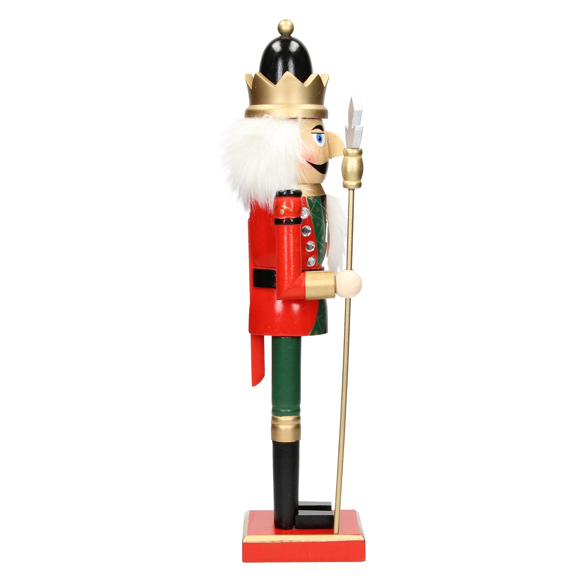 Side view of a colorful nutcracker with a crown and scepter.